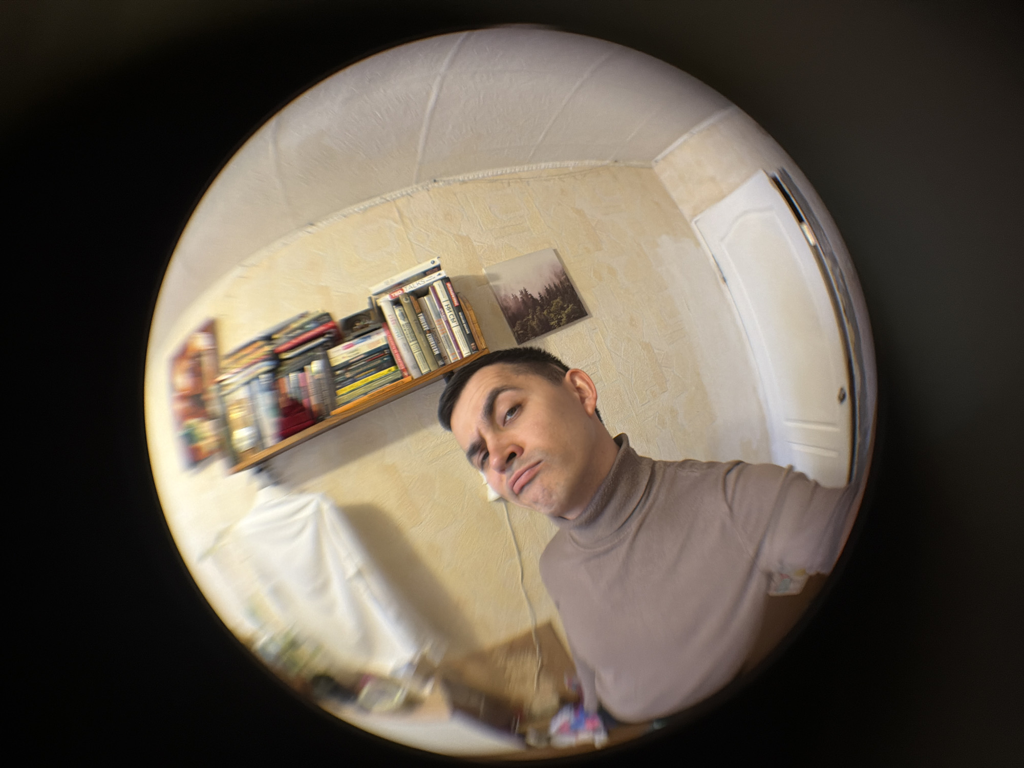 A fisheye-lens photograph shows a man wearing a tan turtleneck shirt in an interior setting. The location appears to be in Izhevsk, Russia, based on the presence of books in Russian. The background includes a shelf of books and other items, a picture on the wall, and a white door. The ceiling is visible.