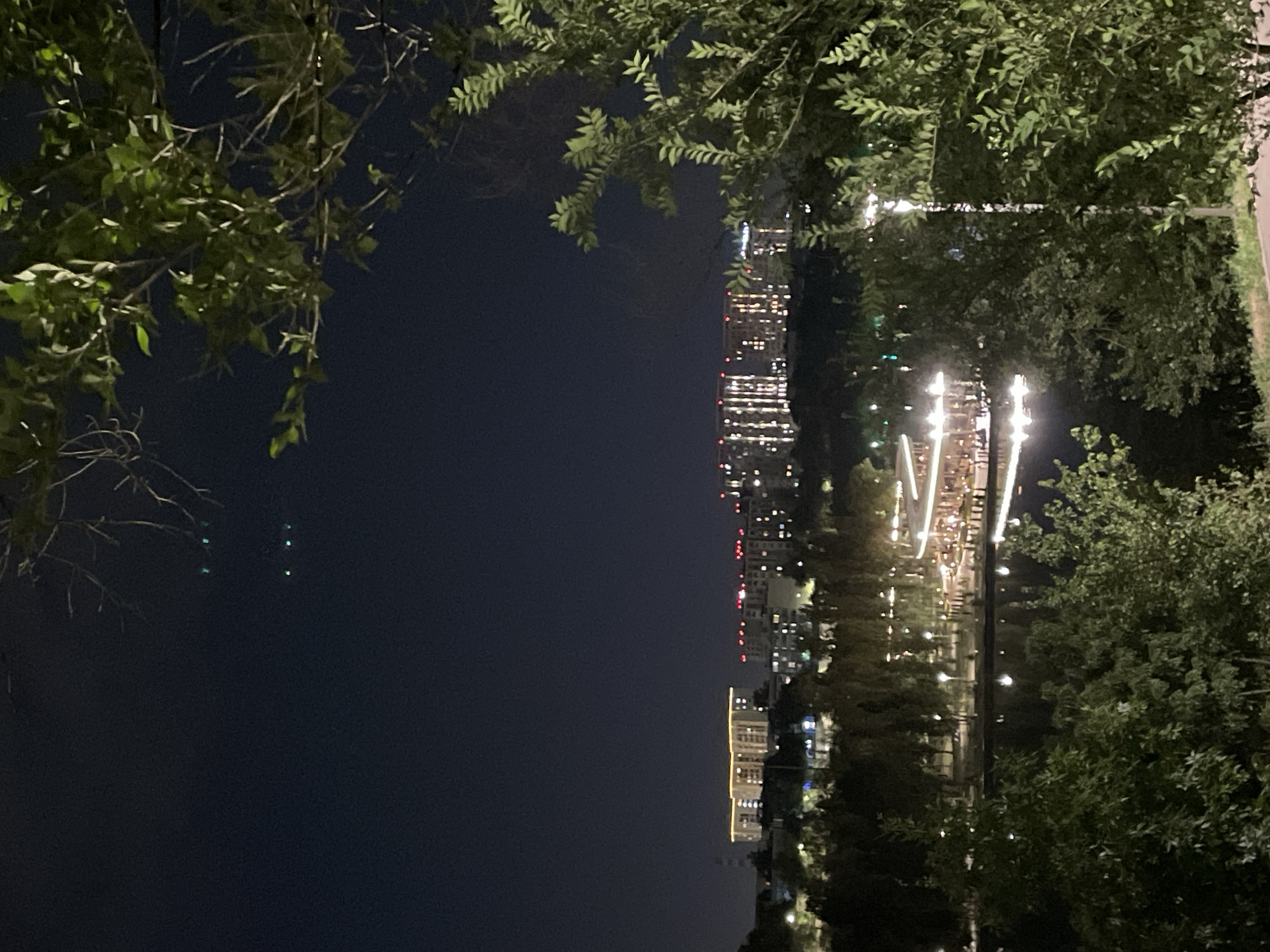 The image depicts a nighttime cityscape in Almaty, Kazakhstan, featuring a large body of water, possibly a lake or reservoir, in the foreground. Illuminated buildings and structures are visible across the water, with some appearing to be residential complexes and others possibly commercial or recreational facilities. A prominent feature is a circular structure on the waterfront, brightly lit, suggesting it might be a restaurant or entertainment venue. The surrounding area is densely populated with trees, some of which are in the foreground, partially obscuring the view. Streetlights and lights from the buildings cast reflections on the water's surface. In the distance, several tall apartment buildings are visible, illuminated by numerous lights, creating a vibrant urban panorama against the dark night sky. A few faint green lights are observed in the sky, which could be distant aircraft or atmospheric phenomena.