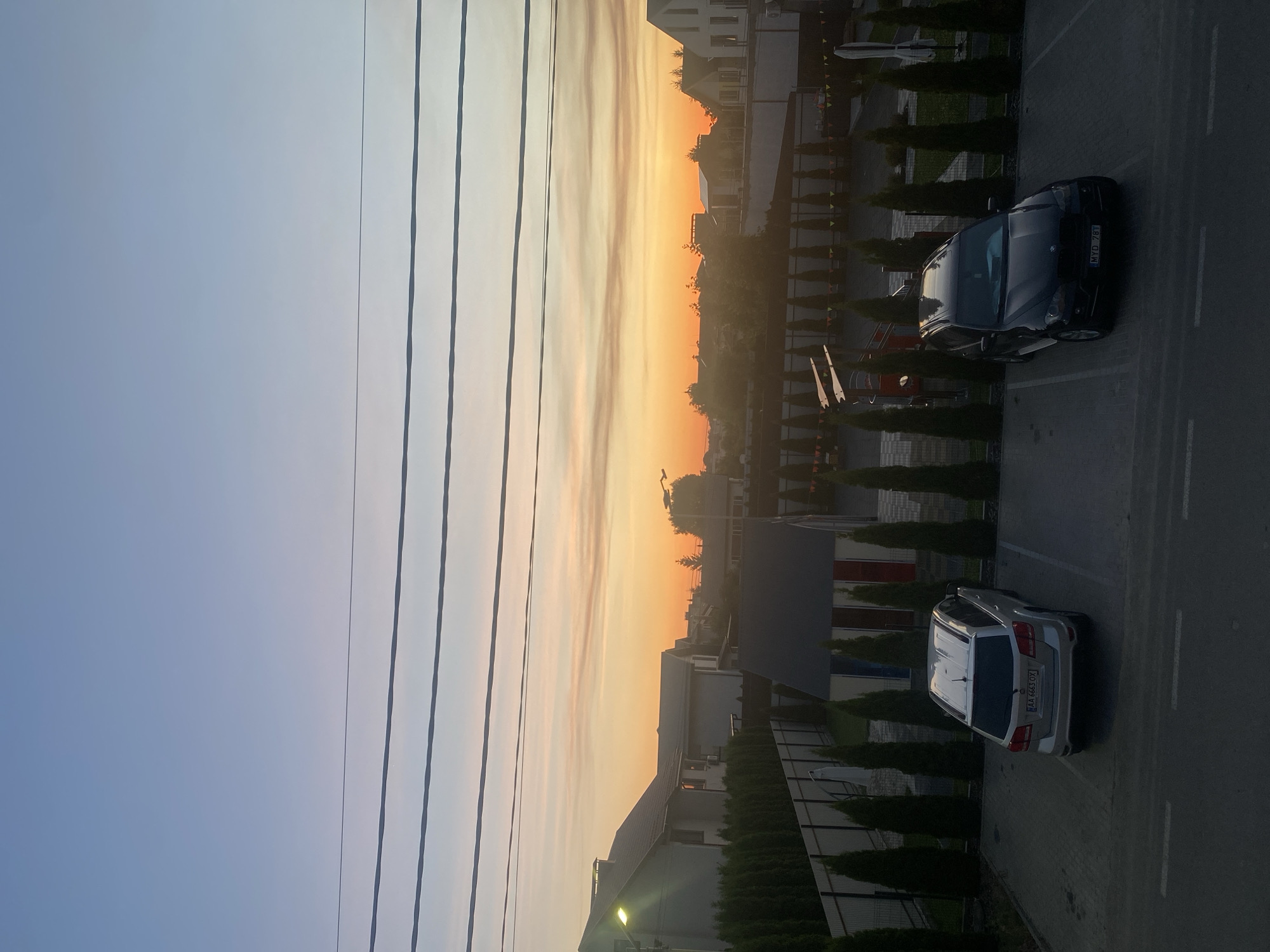 The image depicts a scene in Novi Petrivtsi, Ukraine, during sunset. The sky is painted with a gradient of soft blues and oranges, indicating the transition from day to evening. Several power lines are visible in the foreground, stretching horizontally across the frame.
In the middle ground, a row of evenly spaced trees stands alongside a paved area, likely a parking lot. The setting appears to be a residential or commercial area, with buildings and structures visible behind the trees. Two cars are parked in the lot. A dark-colored SUV, possibly a BMW, is parked closer to the top of the frame, and a lighter-colored station wagon is parked further down.
The time of day is clearly sunset, as evidenced by the warm colors in the sky and the long shadows cast by the trees. The weather appears to be clear and calm. The overall mood of the image is serene and peaceful, capturing the quiet beauty of the evening.
Visible text on the license plate of the dark SUV reads "MYD 781". The license plate of the lighter station wagon shows "AA 663 OX".