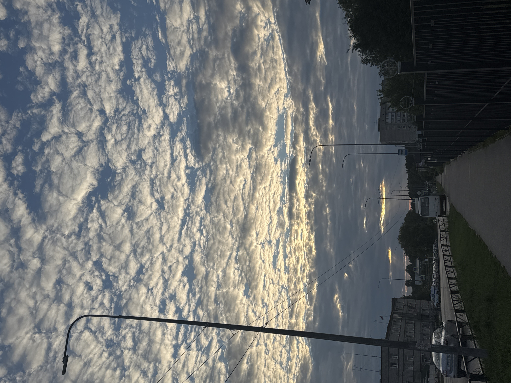 The image depicts a street scene in the city of Chaikovsky, Russia, under a dramatic, cloudy sky. The sky is filled with a multitude of fluffy, white clouds that are illuminated by the setting sun, creating shafts of light and casting shadows. In the foreground, a paved sidewalk runs along the right side of the street, bordered by a dark metal fence topped with decorative spherical finials. A street lamp stands on the left side of the sidewalk, its light fixture visible.
Along the street, on the left side of the image, is a multi-story building with numerous windows. A silver car is parked in front of this building. Further down the street, a row of parked cars is visible, followed by a white bus. Trees and other buildings are seen in the background, and a forest line can be observed in the distance. The overall atmosphere is one of an urban environment bathed in the warm, fading light of dusk. There are no visible people in the image.