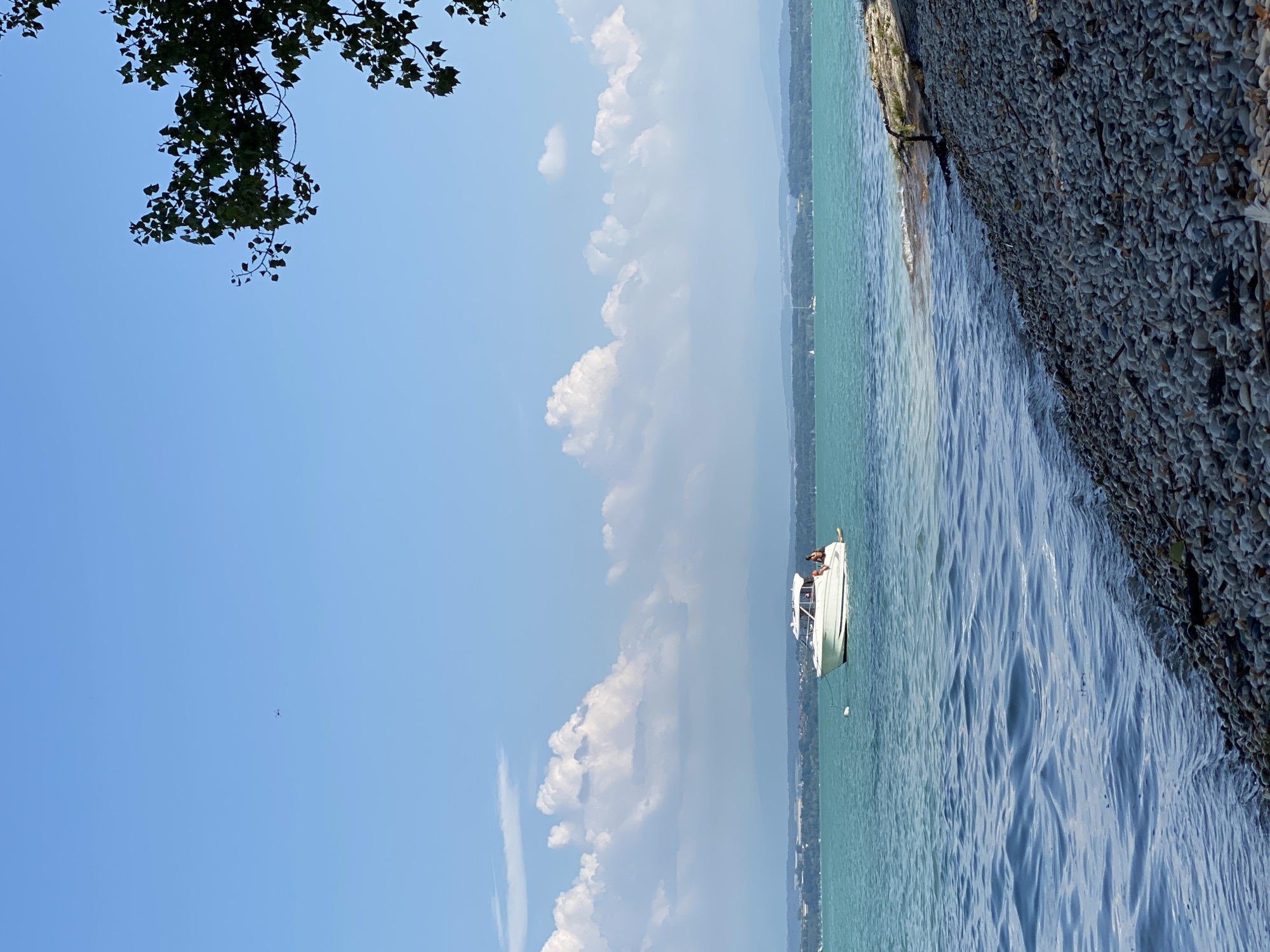 This image captures a serene lake scene from the shore in Cortaillod, Switzerland. A white motorboat with two individuals on board is positioned in the turquoise waters of Lake Neuchâtel. The boat appears to be stationary or moving slowly. In the background, a tree with green foliage drapes into the upper right corner of the frame, silhouetted against a clear blue sky dotted with white cumulus clouds. The distant shoreline features a line of trees and buildings, with faint mountain ranges visible beyond. The foreground is a gravelly beach, with small waves gently lapping at the shore. The lighting suggests it is a sunny day.