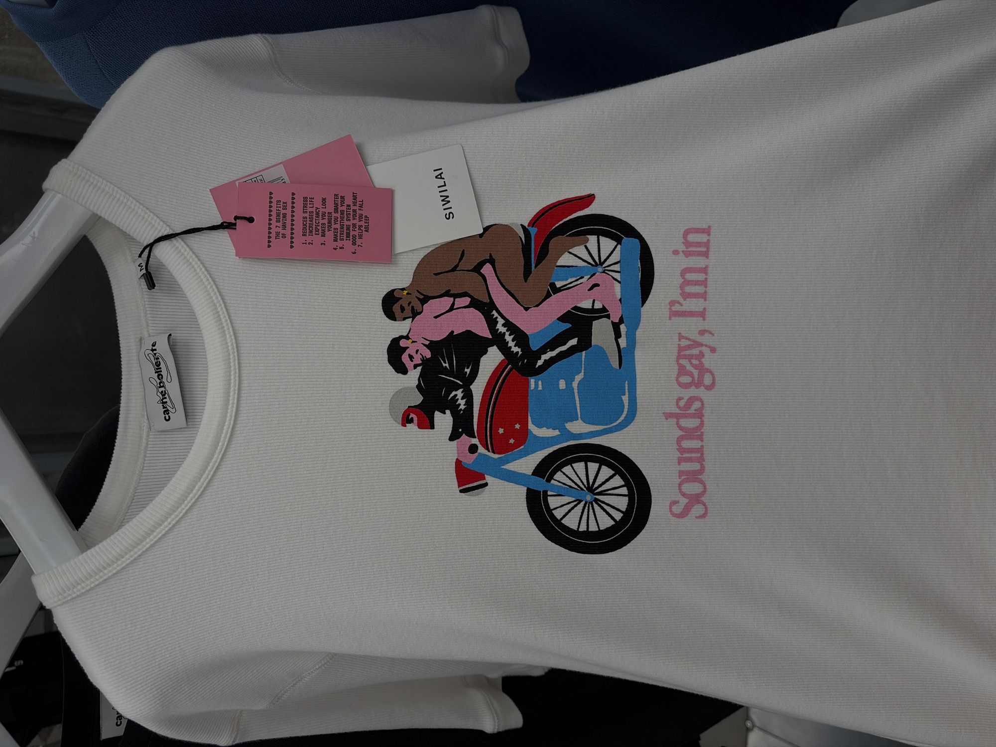 A close-up shot of a white T-shirt hanging on a hanger, adorned with a graphic of two nude men on a motorcycle and the phrase "Sounds gay, I'm in." The T-shirt also features tags and labels, including one with the brand name "SIWILAI" and another listing "The 7 Benefits of Having Sex."