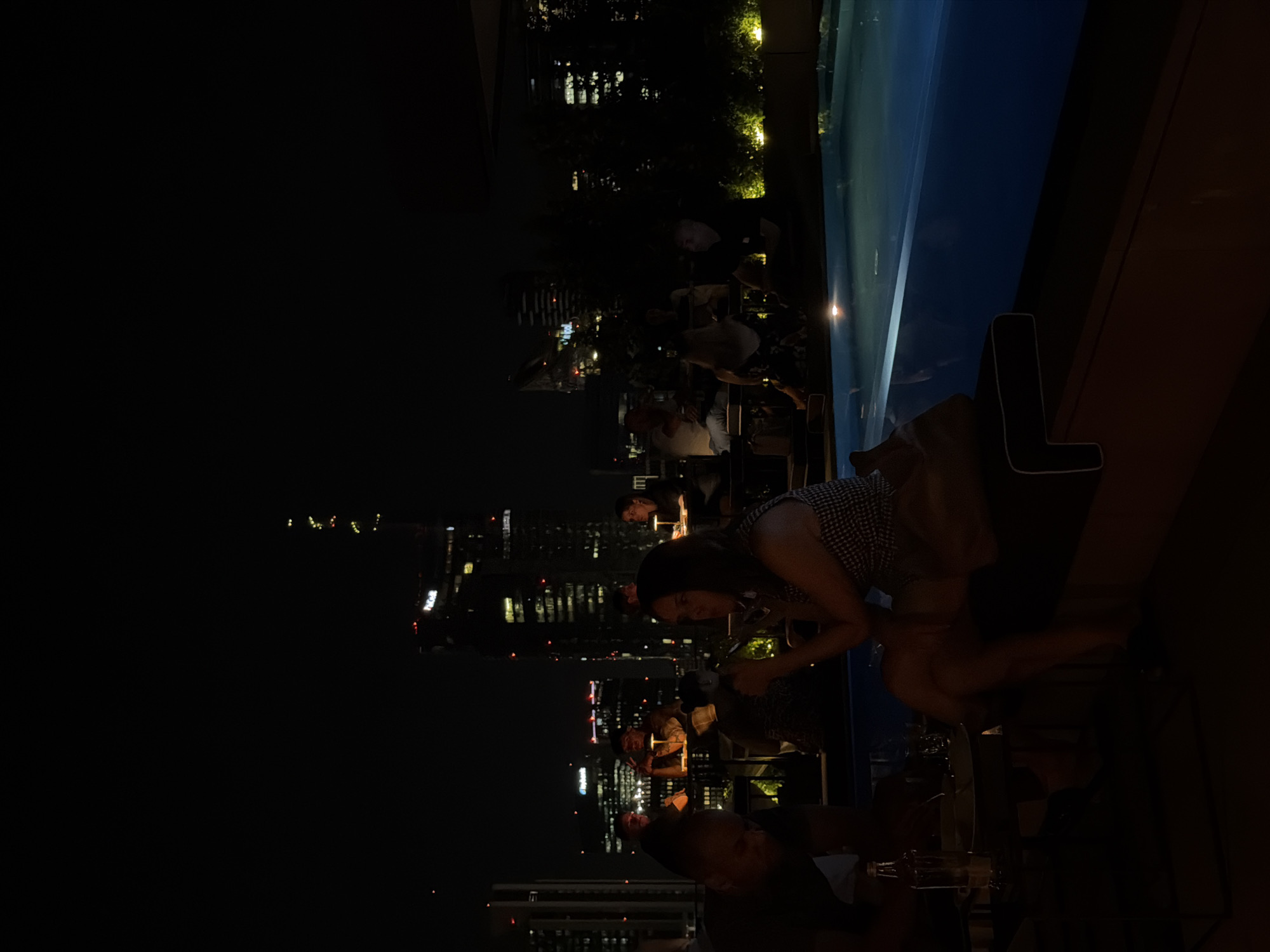 The image depicts a rooftop bar with a pool overlooking the Milan skyline at night. In the foreground, a woman with dark hair is seated, wearing a checkered top and a light-colored skirt, holding a glass. To her left, a man with dark skin and a black t-shirt is also seated. There are other patrons at tables in the background, illuminated by small table lamps. The city skyline features several illuminated skyscrapers, suggesting an urban setting. The pool in the foreground is lit, with its blue water contrasting against the dark surroundings. The overall atmosphere is that of a sophisticated evening gathering in a city.