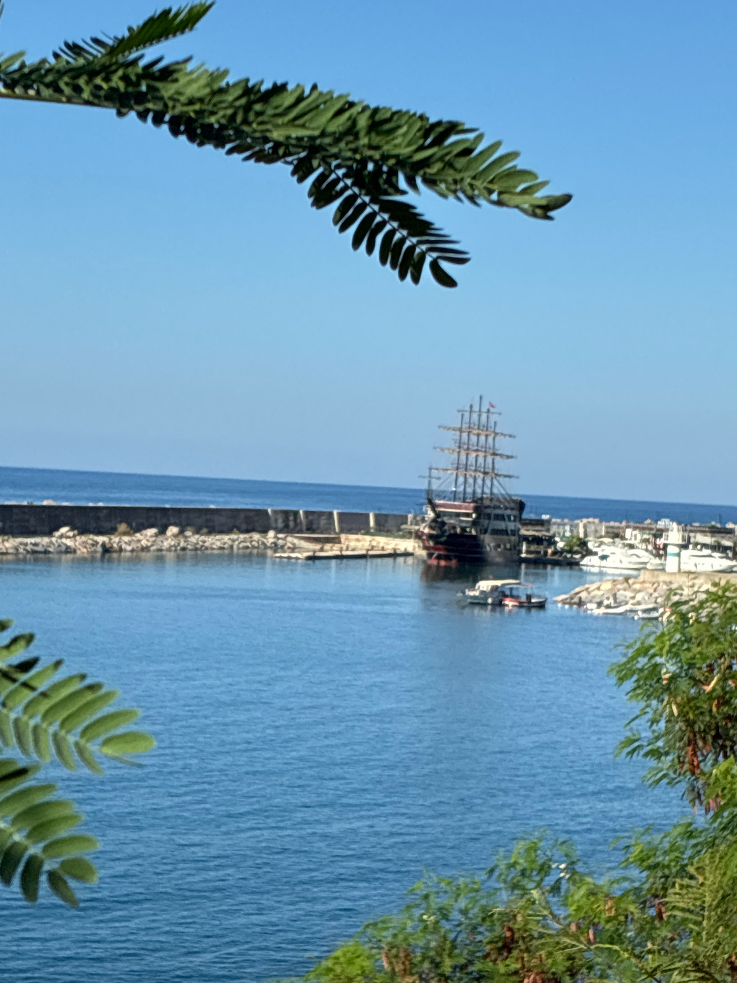 In Alanya, Turkey, a scenic view of the harbor unfolds under a clear blue sky. A magnificent tall ship, resembling a pirate ship with its multiple masts and sails, is docked in the harbor. Smaller boats, including a motorboat, are also visible, bobbing on the calm blue water. A stone breakwater extends into the sea, protecting the harbor. Lush green foliage from trees frames the scene, partially obscuring the view and adding a natural touch to the coastal landscape. The city's buildings are faintly visible in the background, suggesting a bustling port town.