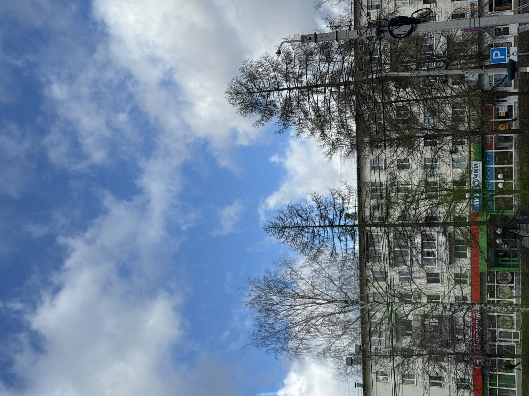 This media file presents a daytime street scene, rotated 90 degrees clockwise from its natural orientation. When viewed correctly, a multi-story building with white or light-colored facades occupies the right side of the frame, featuring several windows and ground-floor commercial establishments. Bare-branched trees line the street in front of the building, with their skeletal forms silhouetted against a bright, partially cloudy blue sky. Utility poles, numerous black electrical wires, streetlights, and a surveillance camera are visible throughout the image, indicating an urban or suburban setting.
No people or direct activity are visible. The scene is static, depicting an everyday street environment. The bright sky and visible shadows suggest it is daytime. The absence of leaves on the trees indicates the season is likely late winter or early spring.
Notable details include:
- A blue square street sign with a white Cyrillic letter "P" (П), commonly indicating parking, and a smaller white sign below it with the number "300".
- Visible text on shopfronts, predominantly in Cyrillic, suggesting a location in Russia or a country using the Cyrillic alphabet. One prominent sign reads "...ОЧКИ" (Ochki), meaning "glasses" or "eyewear," likely belonging to an optician ("Оптика").
- Another shopfront features a green and red band, characteristic branding for "Магнит" (Magnit), a major Russian supermarket chain. A small circle with "30" is also visible, possibly indicating a discount.