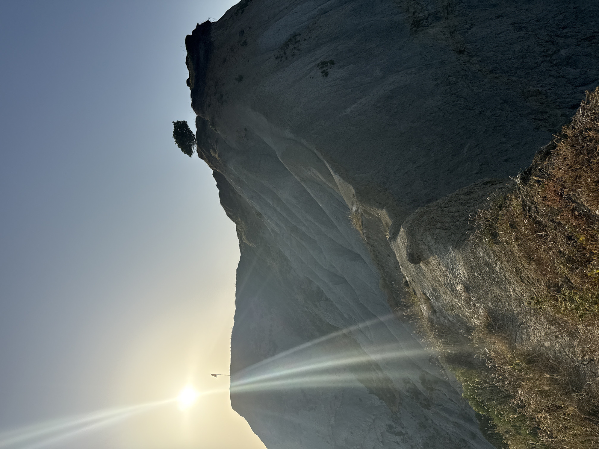 The image depicts a desolate, windswept landscape atop a rugged cliffside in Sopela, Spain. The sun, a bright orb with prominent lens flares, shines from the upper left corner, casting long shadows and illuminating the terrain. A solitary, windswept tree stands silhouetted against the sky on the summit of a prominent peak. A small flag on a pole is visible on a ridge to the left of the tree. The ground is barren, with sparse, dry vegetation clinging to the eroded slopes. The cliff faces exhibit a striated, weathered texture, suggesting significant erosion from wind and sea. The overall impression is one of stark natural beauty and isolation.