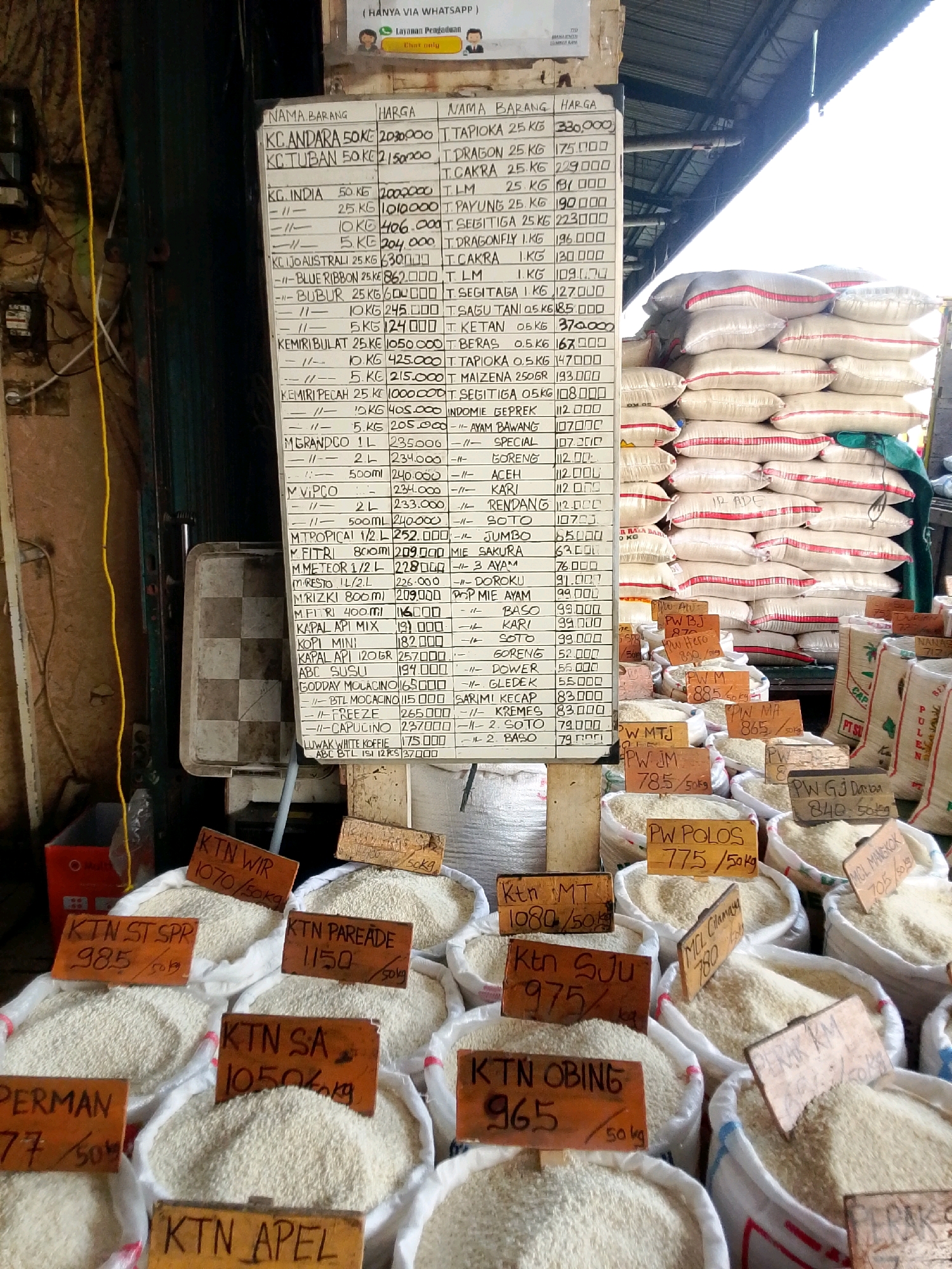 This image depicts a street market scene in East Jakarta, Indonesia, likely a rice seller's stall. In the foreground, several large white sacks are filled with rice, each marked with a wooden sign indicating the brand and price per 50 kg. Brands visible include "KTN WR 1070 / 50kg", "KTN ST SPP 985 / 50kg", "KTN PAREADE 1150 / 50kg", "PERMAN 77 / 50kg", "KTN SA 1050 / 50kg", "KTN APEL", "Ktn MT 1080 / 50kg", "Ktn SJU 975 / 50kg", "KTN OBING 965 / 50kg", "PW PJ 870 / 50kg", "PW M 885 / 50kg", "PW MTJ 785 / 50kg", "PW POLOS 775 / 50kg", "PW GJ Danba 840 / 50kg", "MCL MANGKOK 705 / 50kg", and "PERAK KM". In the background, a large price list is mounted on a wooden board, detailing various items and their prices. To the right, stacks of rice sacks are visible, some with red and white banding. The environment suggests an outdoor market with a covered roof structure. No people are directly interacting with the products or signs, but their presence is implied by the organized retail display.