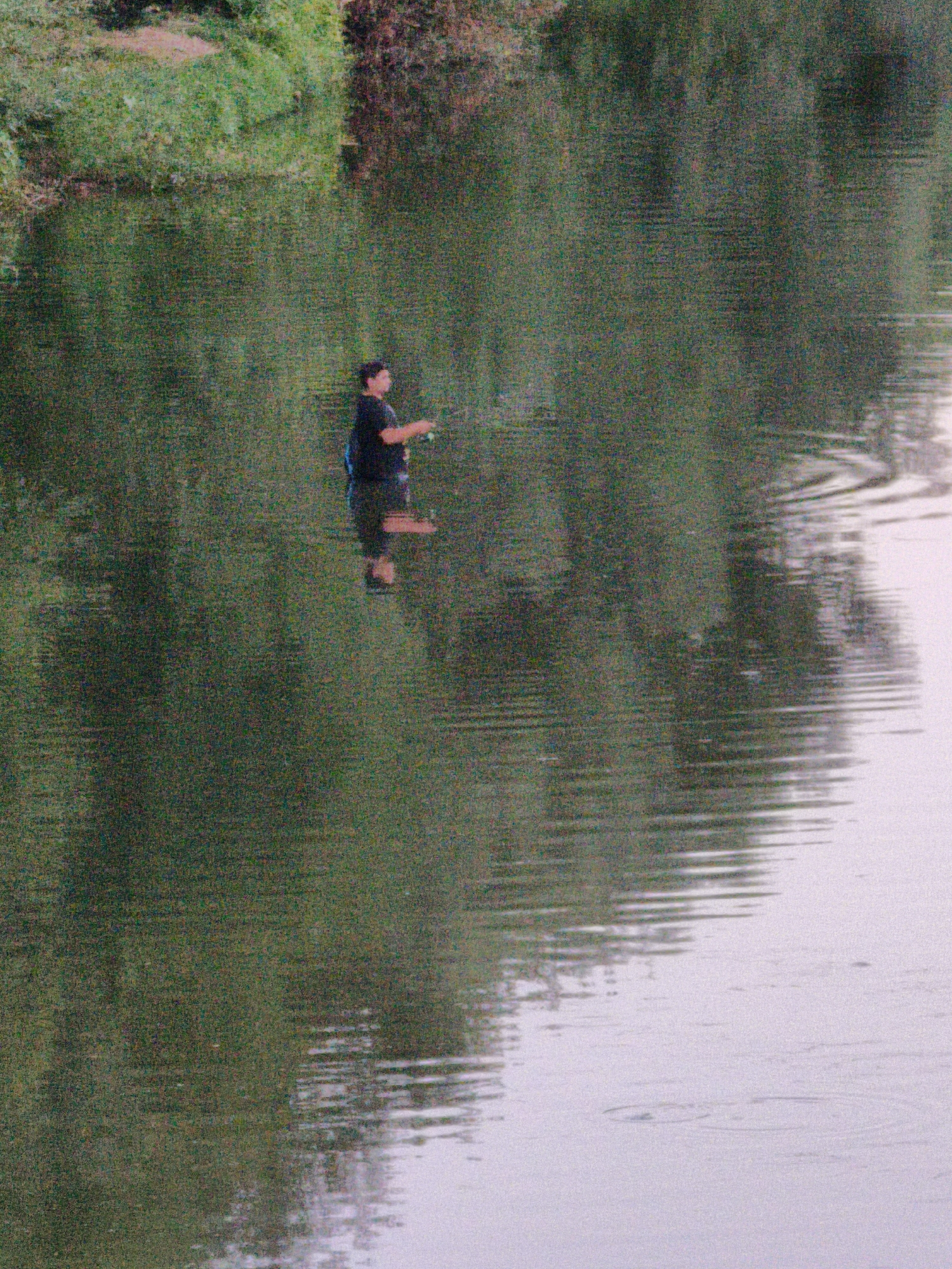 A person is fishing in a body of water. The person is wearing a dark t-shirt and shorts, and is holding a fishing rod. They are standing in shallow water, with the water reaching up to their knees. The background consists of trees and vegetation. The image appears to be taken in Lovech, Bulgaria.