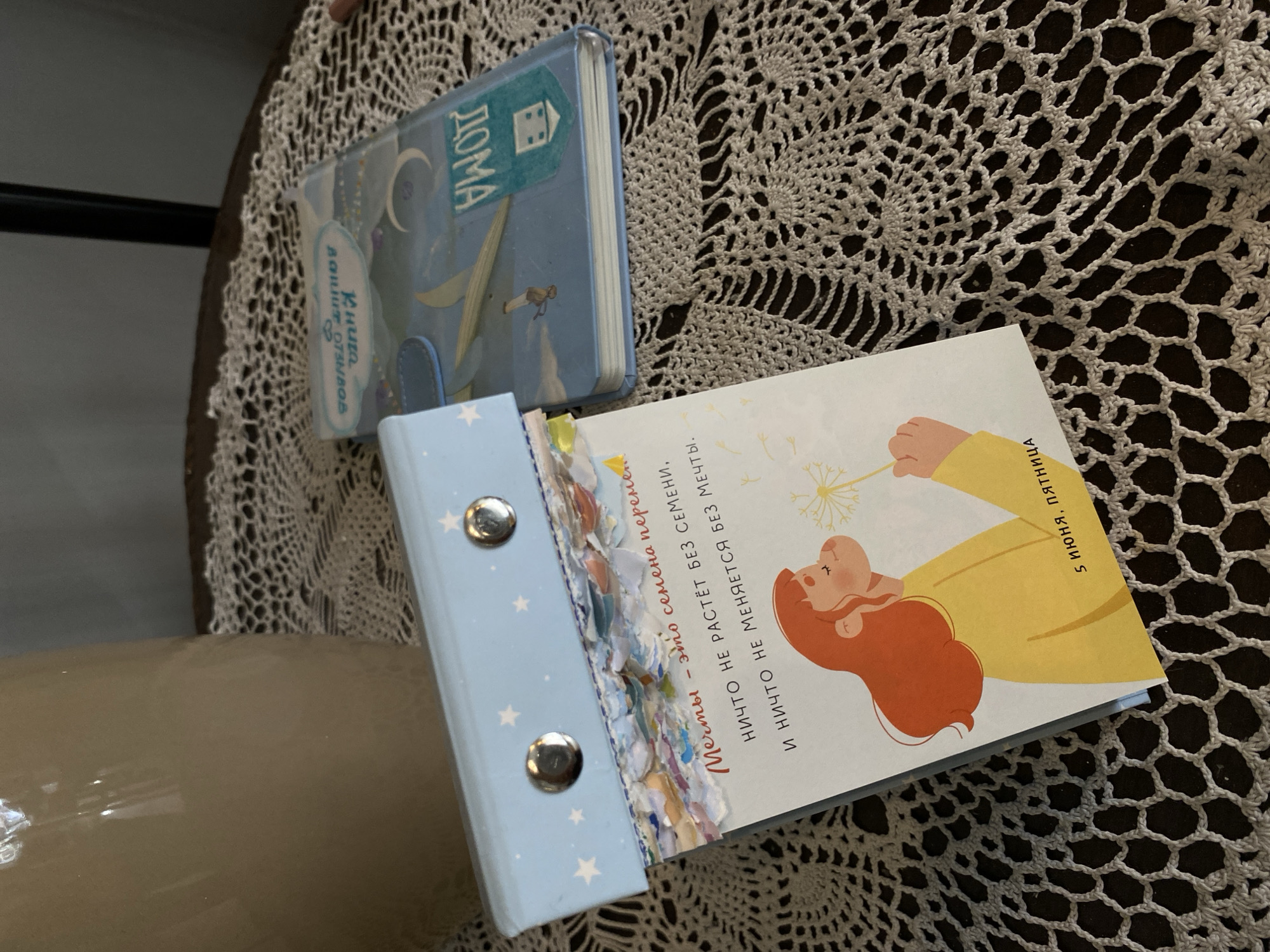 This image captures an indoor still life, likely in Saint Petersburg, Russia, featuring two books or binders displayed on a table covered with a crocheted tablecloth.
In the foreground, an open, light blue binder with white star patterns is visible. It is secured by two prominent silver rings on its left side, and its spine is decorated with colorful, layered paper strips, possibly indicating a handmade or scrapbooking style. The visible page of this binder features a charming illustration of a person, likely female with reddish-brown hair and a yellow top, gently blowing on a dandelion. Text on this page includes "5 ИЮНЯ, ПЯТНИЦА" (June 5, Friday) oriented vertically on the right side, and several lines of text below the illustration: "Мечты – это семена переме...." (Dreams – these are seeds of change/transformation...), "НИЧТО НЕ РАСТЁТ БЕЗ СЕМЕНИ," (NOTHING GROWS WITHOUT A SEED,), and "И ничто НЕ МЕНЯЕТСЯ БЕЗ МЕЧТЫ." (AND NOTHING CHANGES WITHOUT A DREAM.).
Behind and slightly to the left of the open binder is a smaller, closed light blue book or diary. Its cover displays an illustration of a crescent moon, a small figure, and a house icon within a green banner that reads "ДОМА" (HOME). A separate tag-like element on this cover contains the text "КНИГА ВАШИХ ОТЗЫВОВ" (BOOK OF YOUR REVIEWS/FEEDBACK).
Both items rest on a dark surface, which is largely obscured by an intricate, white or off-white crocheted lace tablecloth. The detailed lacework of the tablecloth forms a striking pattern against the dark background. The overall setting suggests a personal, domestic environment, with soft, indirect lighting.