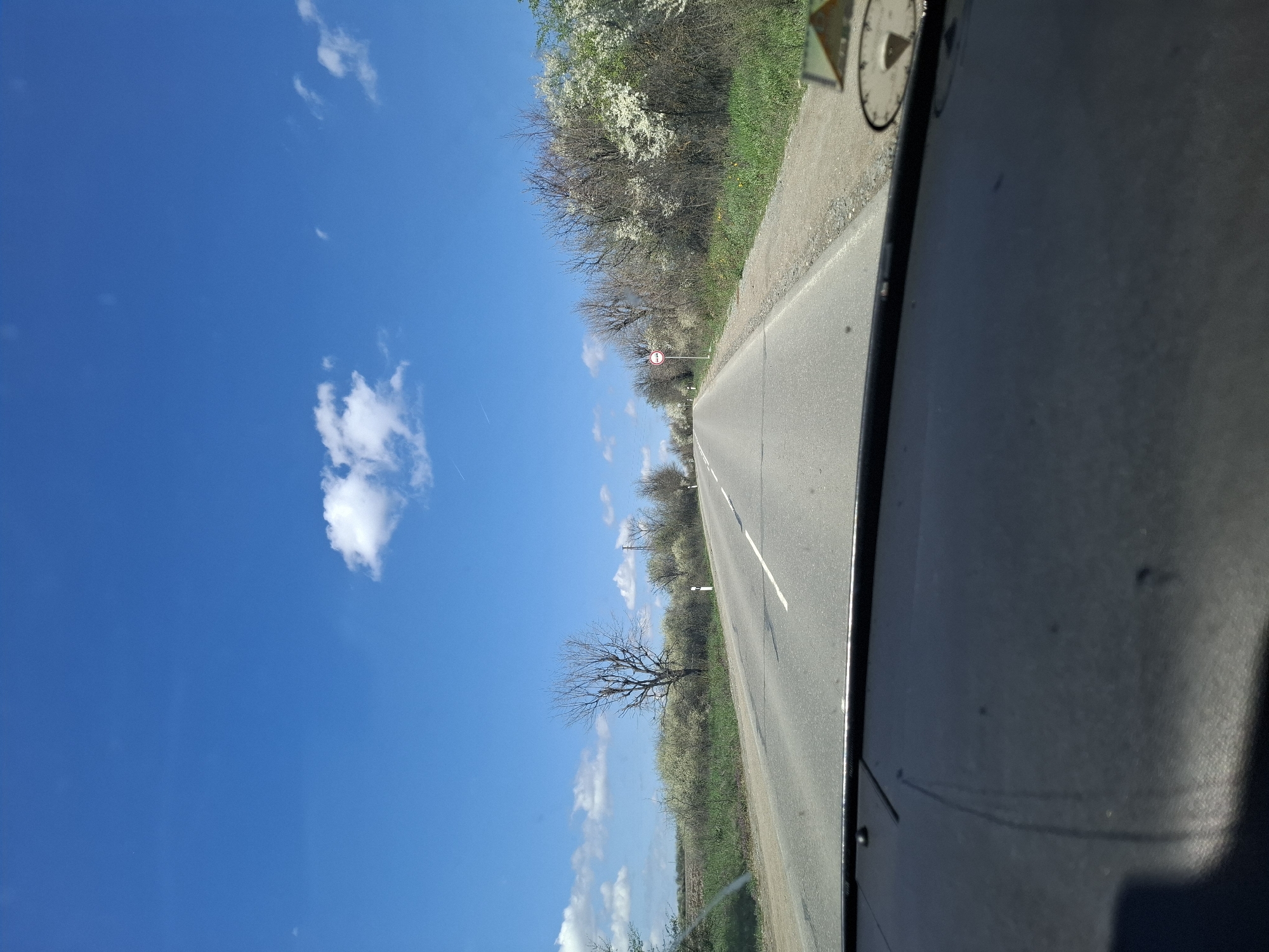 The image shows a view from inside a vehicle traveling on a road. The road is asphalt, with a solid white line dividing the lanes. The sky is bright blue with scattered white clouds. On either side of the road, there is vegetation, including trees and bushes. The area could be identified as Studeno Buche, Bulgaria, based on the roadside sign. A portion of the vehicle's dashboard and window frame is visible in the foreground.