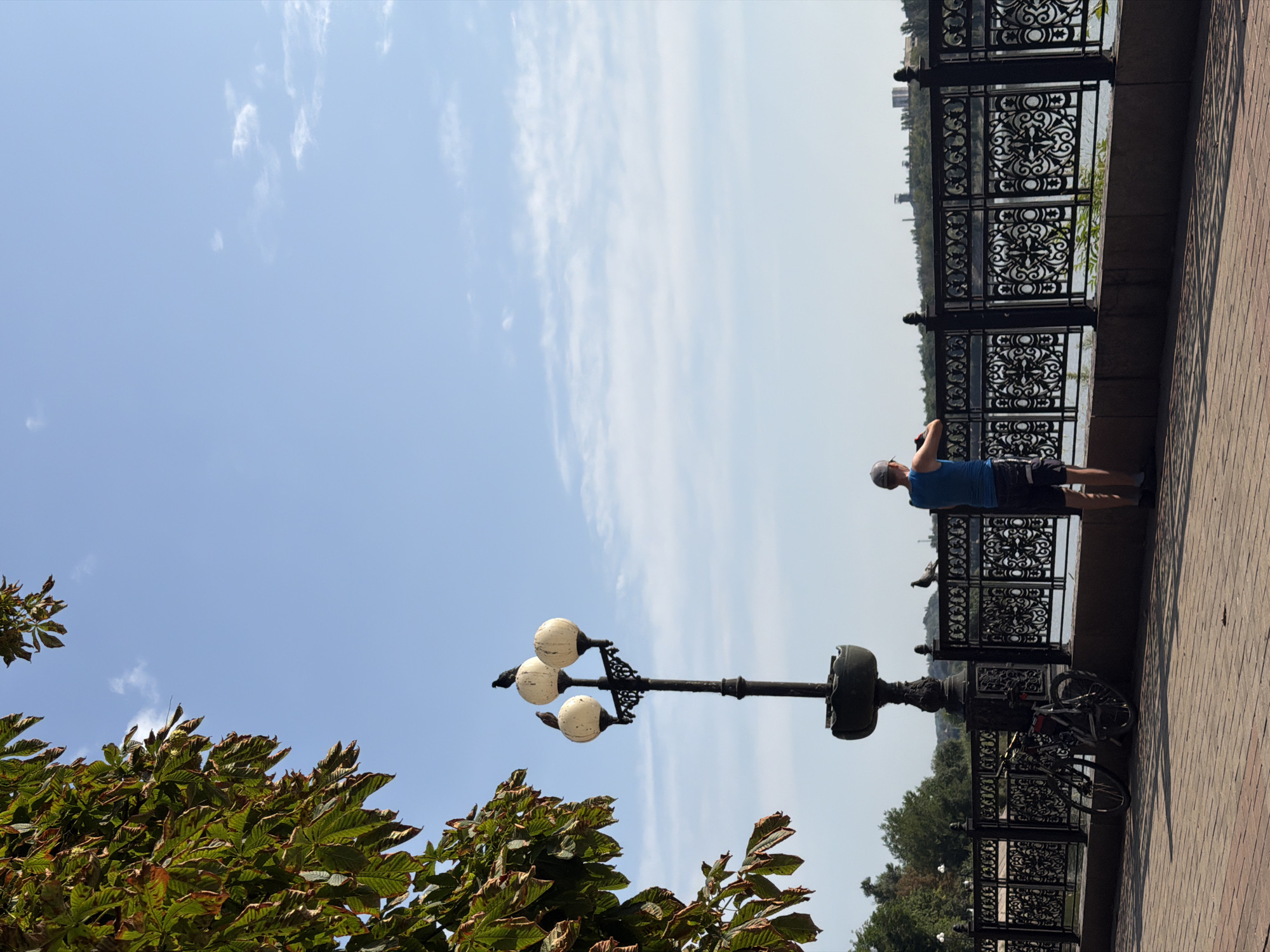 This image depicts a view from a paved walkway beside a body of water, likely a river or lake, in Donetsk, Ukraine. A person wearing a blue tank top and shorts stands facing the water, holding a phone or camera. Two bicycles are parked near a lamppost with three globes. The lamppost is ornate, with a black metal design. The walkway is bordered by a black decorative metal fence, and beyond that is the water. Trees are visible on the opposite bank, along with some distant buildings and structures. The sky is blue with scattered white clouds, and a portion of a tree with green and brown leaves is in the upper left corner. Three birds are perched on the lamppost, and two more birds are visible on the fence. The scene appears to be a public park or promenade.