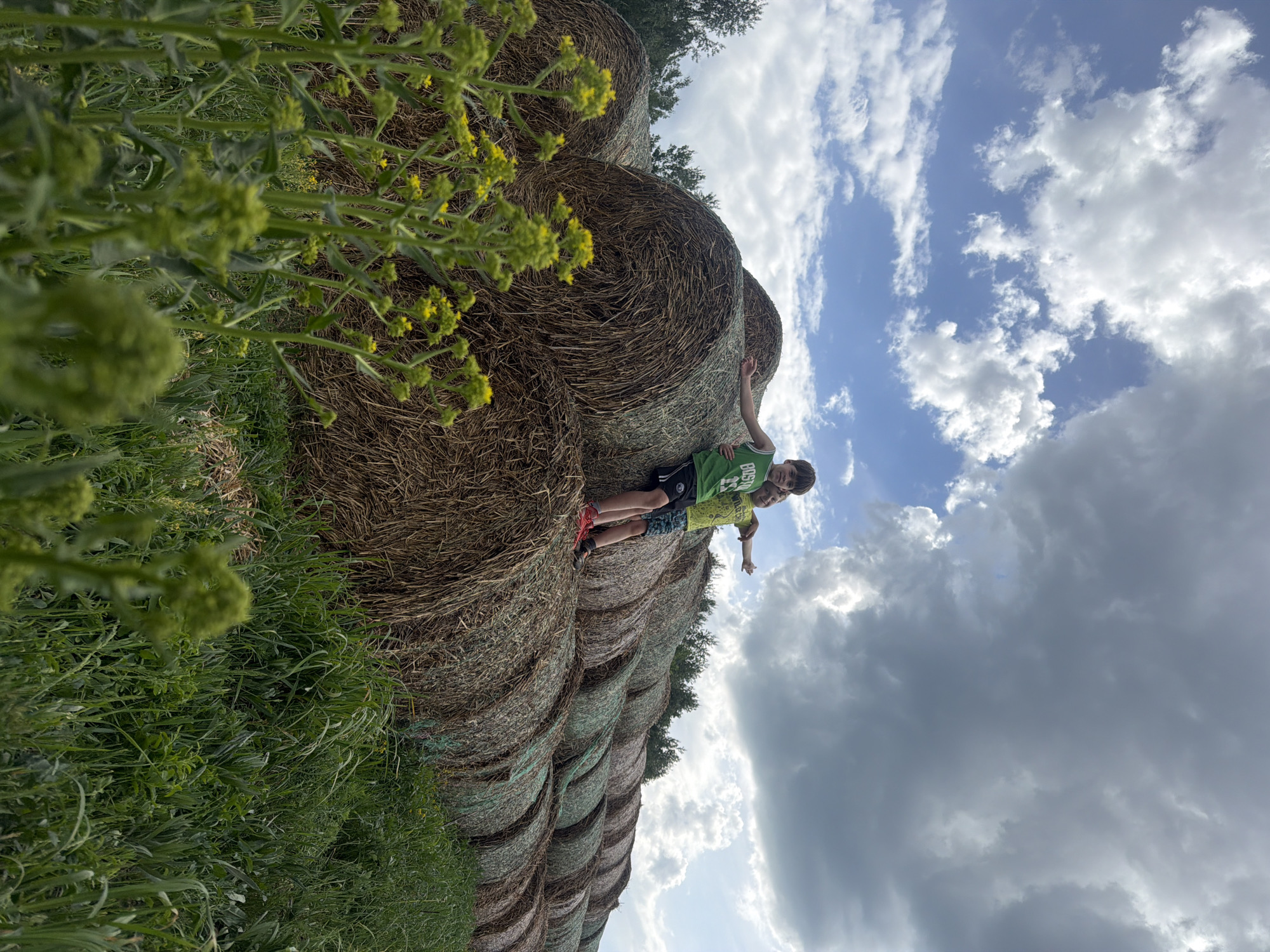 A young boy stands on top of a stack of round hay bales in a field. The sky is partly cloudy. Yellow flowers and green grass are visible in the foreground. The location is Kirillovka, Russia.