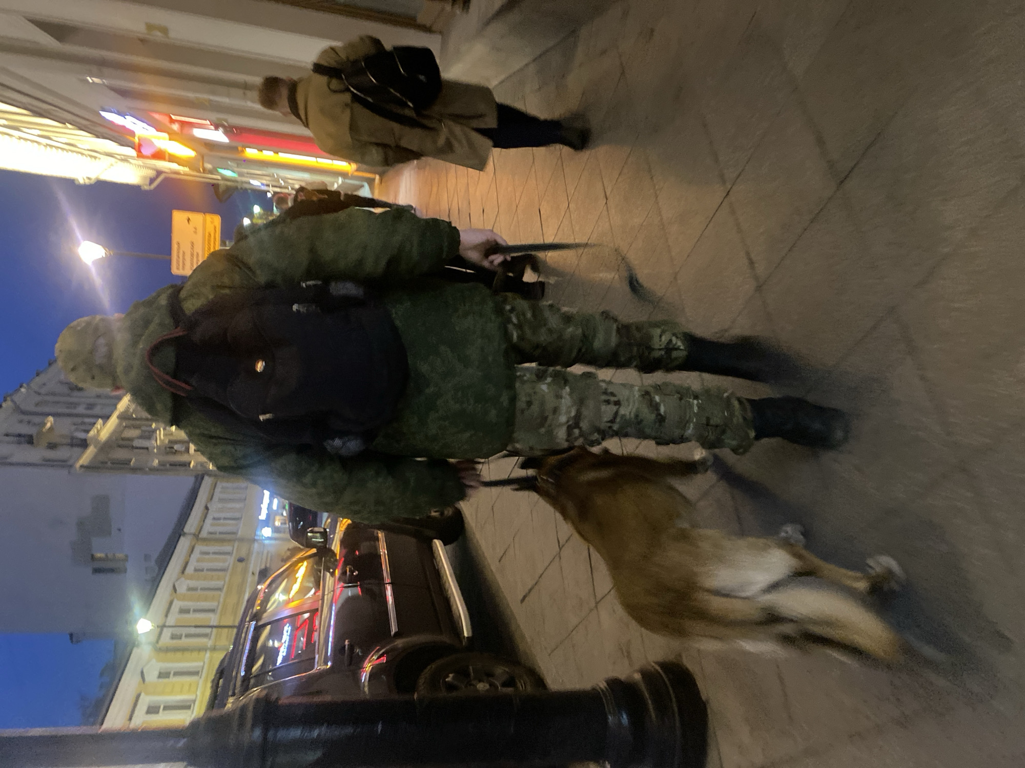 The image depicts an evening or dusk scene on a city street in Moscow, Russia. The primary subject is a person viewed from behind, wearing a military-style camouflage uniform with a black backpack. They are holding a rifle-like object with the muzzle pointed towards the ground and appear to be walking a tan-colored dog, possibly a fox or fox-like breed, on a leash. The dog walks alongside the uniformed individual.
Further down the sidewalk, another pedestrian is visible, dressed in a light brown coat and dark pants or leggings, also walking away from the camera. The street is paved with light-colored tiles, and to the left, several cars, including a dark SUV, are parked along the curb.
The background features multi-story buildings with illuminated windows and signs, indicating commercial areas. Streetlights are active, casting light on the pavement and buildings, while the sky is a deep blue, characteristic of twilight or early night.
A yellow directional street sign is visible behind the uniformed person. Although blurry, legible Cyrillic text includes "ТРУБНАЯ" (Trubnaya) and "МЯСНИЦКАЯ" (Myasnitskaya), both prominent street names in Moscow. Other illuminated signs on distant buildings also feature Cyrillic script. The scene captures a moment of daily life in an urban environment.