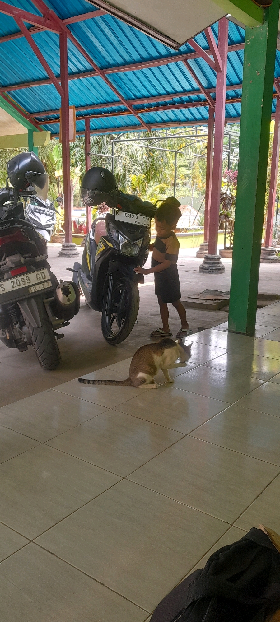A young child, wearing a striped t-shirt and dark shorts, stands next to a black and yellow motorcycle. The child's hand is touching the front of the motorcycle. Another motorcycle, mostly obscured, is parked to the left of the first. A cat with white and brown markings is grooming itself on the tiled floor in front of the motorcycles. The scene is outdoors, under a blue corrugated metal roof supported by red and green poles, suggesting an open-air structure possibly in a residential or public area in Tahunan, Indonesia. Lush green foliage is visible in the background.