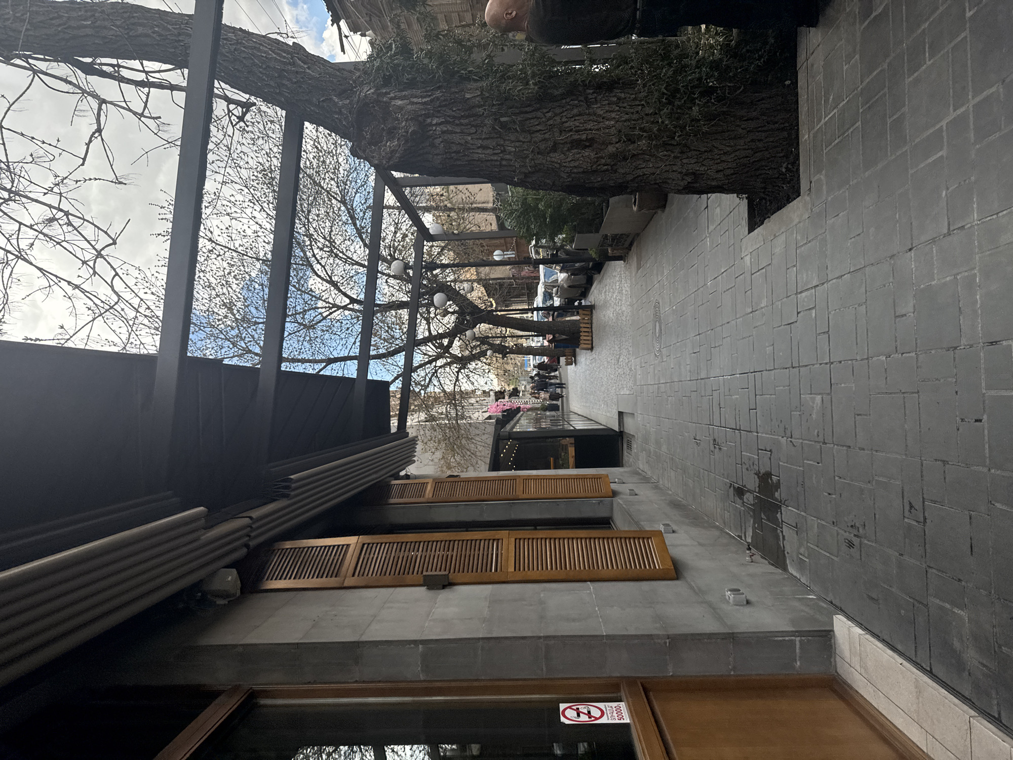 This photograph depicts a view of Yerevan, Armenia, specifically an outdoor dining area next to a building with modern architectural features. The scene captures a sidewalk paved with grey stones, alongside a grey-colored building. This building features horizontally positioned wooden louvers and a roof with a corrugated metal design. A tree trunk runs parallel to the sidewalk. There is a metal structure designed to support trees that are planted along the sidewalk. Underneath the trees are tables and chairs where people are seated. The lighting is natural daylight, suggesting either an overcast or bright day. A sign with a crossed-out cigarette indicates a non-smoking area. The scene gives the impression of a modern urban outdoor setting with dining facilities adjacent to a park area.