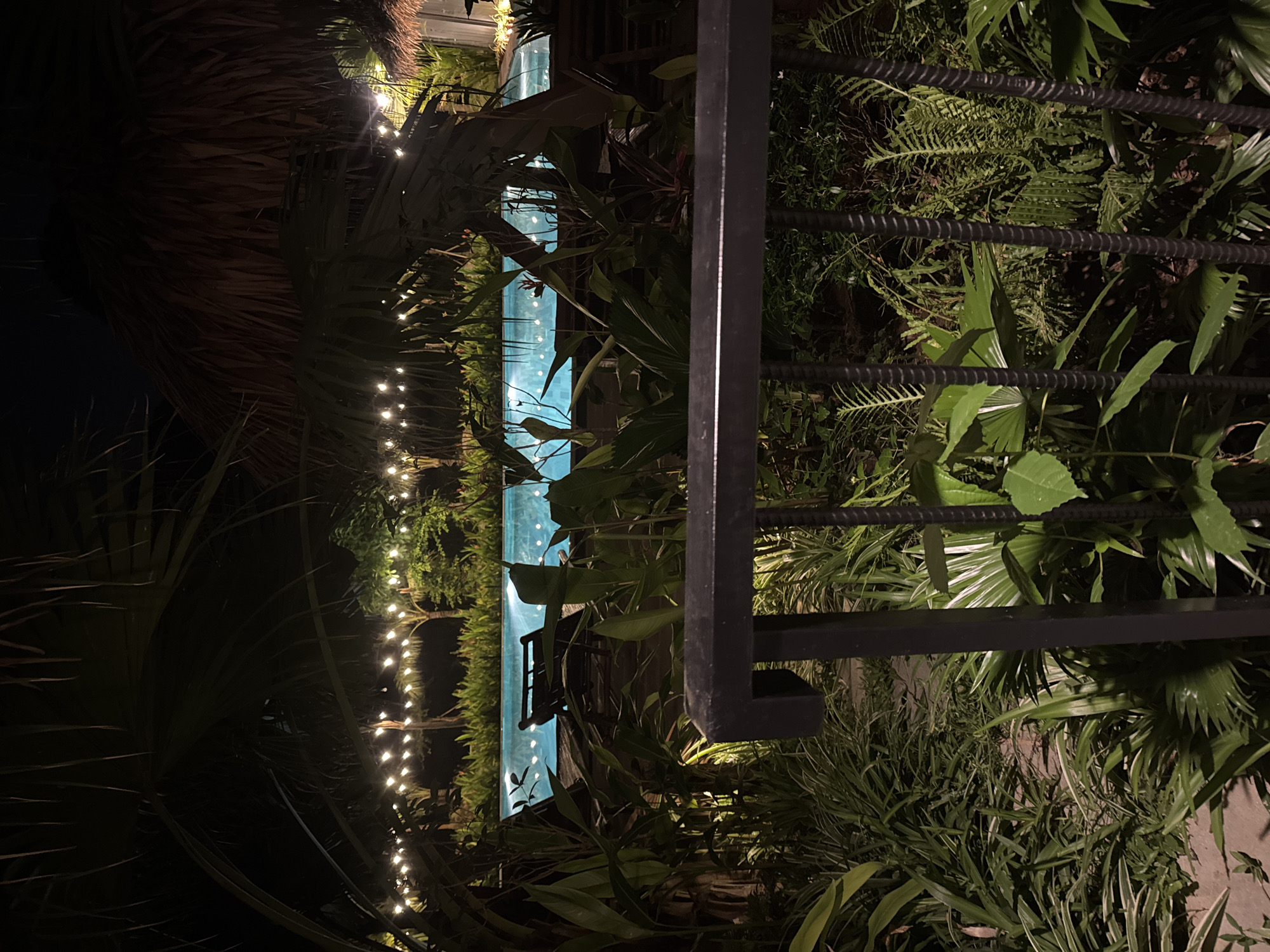 A nighttime view of a swimming pool area is shown. The pool is illuminated by underwater lights and string lights are hung above the pool, creating a festive atmosphere. Lush tropical foliage surrounds the pool area, with palm trees and other plants visible. Two lounge chairs are positioned by the pool. In the foreground, a dark metal railing is present, with a path visible beyond it. The scene suggests a resort or hotel setting. The image does not provide specific information about the city of Nam Hoa Lư Ward, Vietnam.