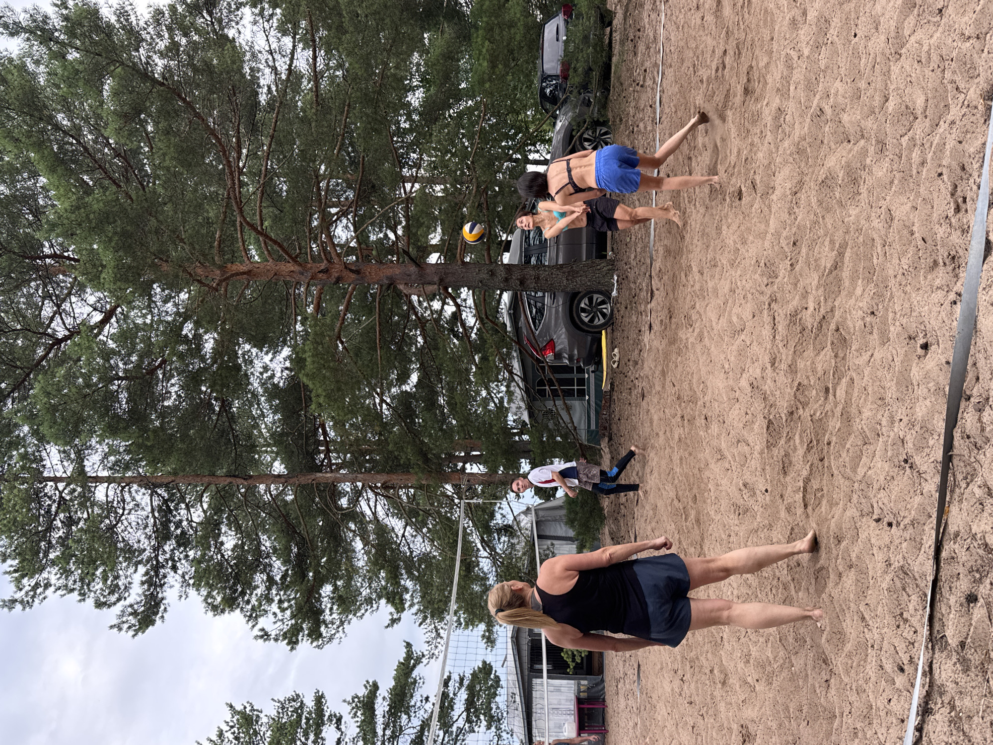 Four people are playing volleyball on a sandy court surrounded by pine trees. A woman in a black tank top and blue shorts stands on the left, facing away from the camera. To her right, a man in a white t-shirt with red and blue accents and dark shorts is walking. Further to the right, two women in bikinis are playing volleyball. One woman in a blue bikini top and black shorts is jumping to hit the ball, while the other woman in a black bikini top and blue shorts is positioned behind her. A volleyball is in the air, between the two women. In the background, there are several cars and small buildings. The scene is set in Zelenaya Roshcha, Russia, under an overcast sky.
