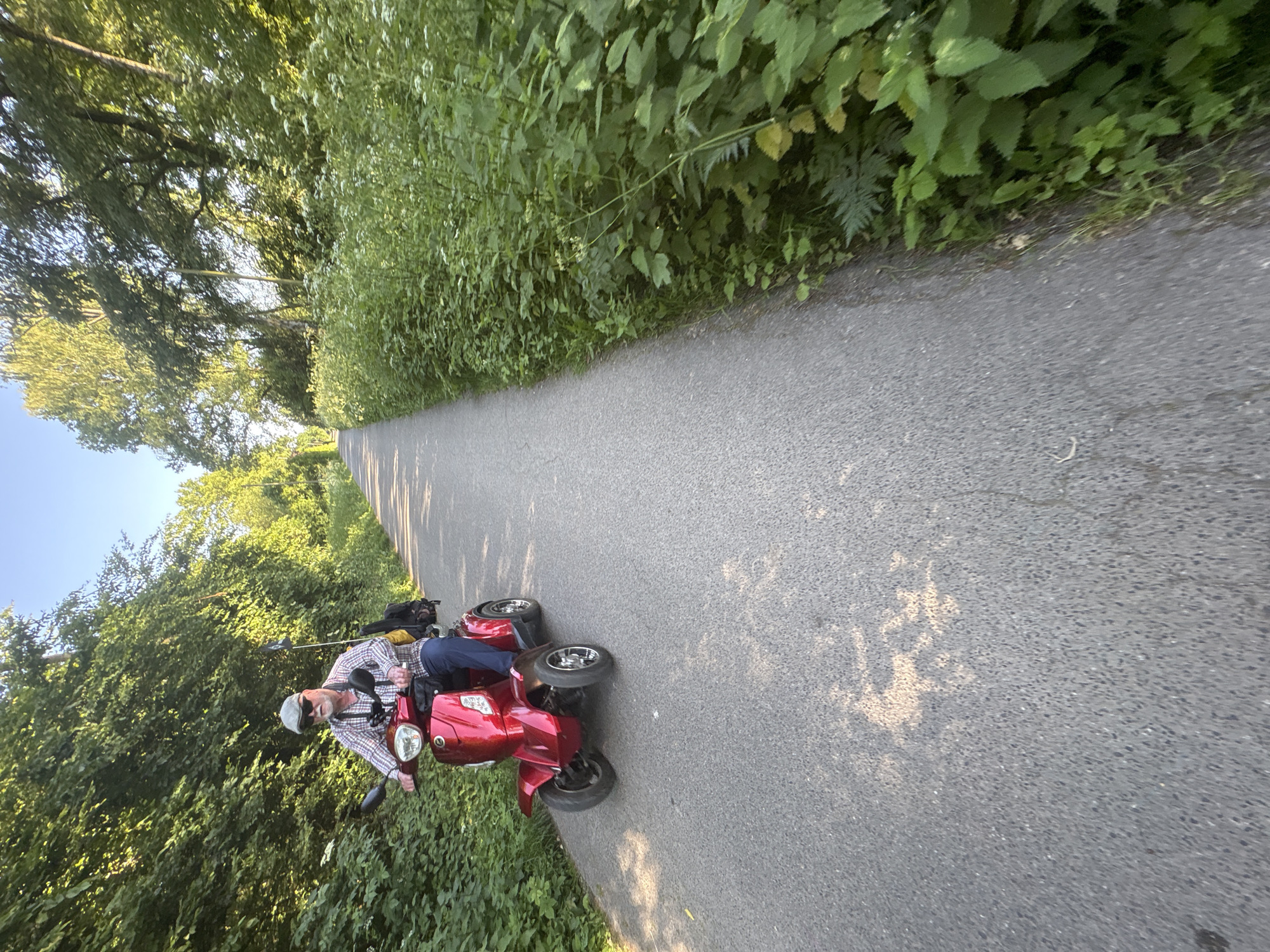 The image captures a paved path in a lush, green environment, likely within the city of Mönchengladbach, Germany. A person is riding a red, four-wheeled mobility scooter on the path, flanked by dense vegetation on both sides. The vegetation consists of a variety of bushes and trees, suggesting a park or wooded area. The lighting suggests it is either early morning or late afternoon. The sky is visible and clear. The focus is sharp on the person and scooter, while the background vegetation is slightly blurred.