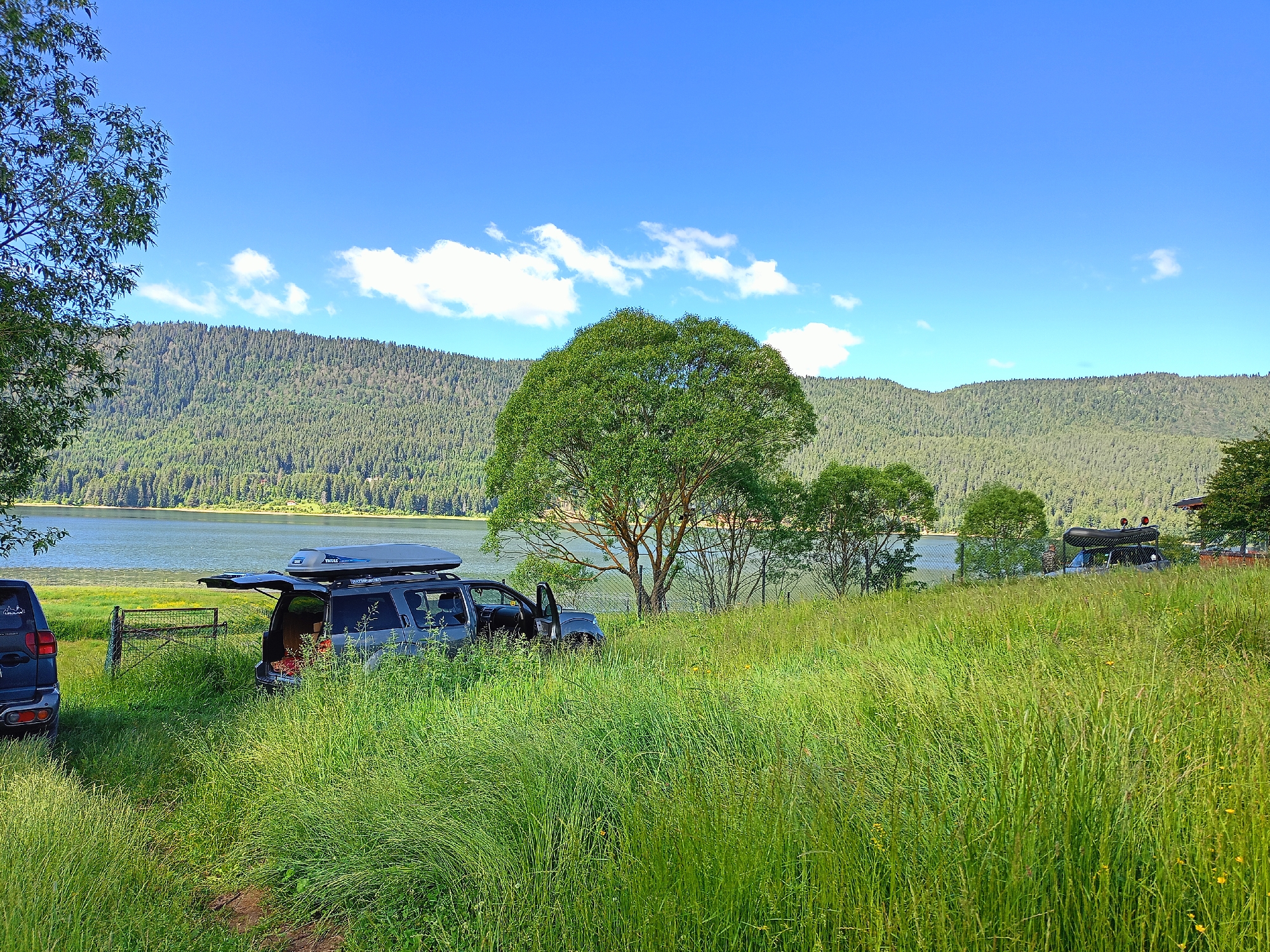 The image captures a scenic view of a body of water, likely a lake, bordered by a densely forested hillside under a clear blue sky with scattered white clouds. In the foreground, tall, green grass covers a gentle slope. Two dark-colored SUVs are parked on the grass. One SUV, on the left, has its rear hatch open, revealing some items inside. The other SUV, positioned in the center and slightly to the right, also has its rear hatch open, and its driver-side door is ajar. This SUV is equipped with a dark-colored roof-top carrier. Further in the background, on the right side of the image, a building with a red roof is partially visible, along with some trees and a fence. The presence of the SUVs suggests a recreational outing or camping trip. The location is identified as Sarnitsa, Bulgaria.