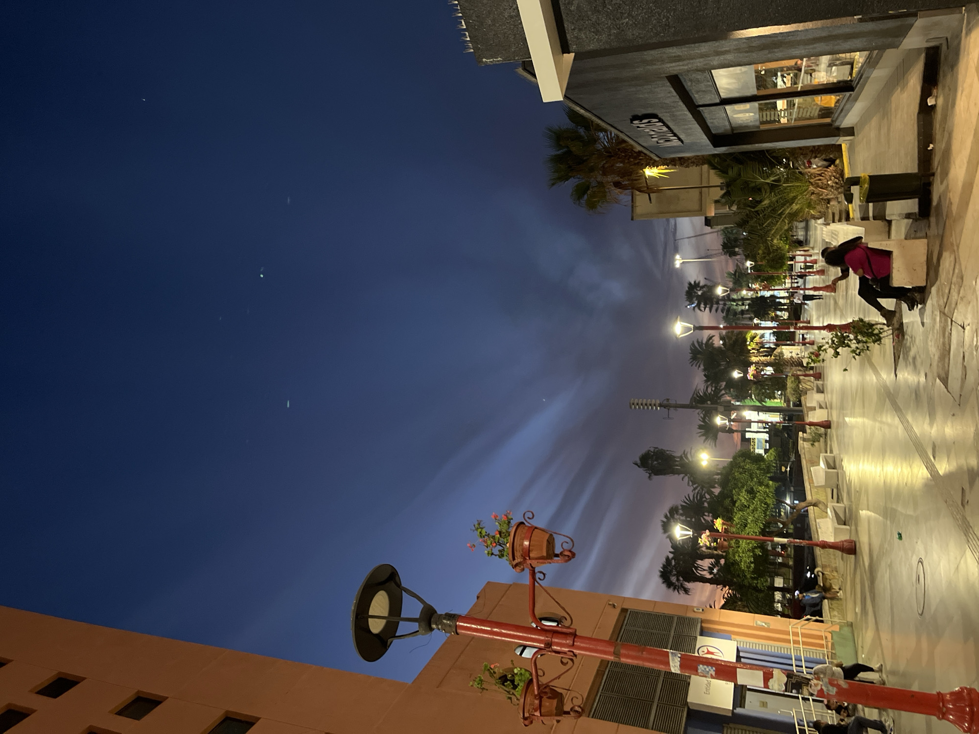 This image depicts a street in Arica, Chile, at dusk or night. The street is lined with palm trees and red lamp posts adorned with flower pots. Buildings are visible on both sides of the street, including a taller, light-colored building and a dark, multistory building. People are seen walking and sitting along the street. The sky is a dark blue hue with wispy clouds. The lighting is a mix of artificial light from street lamps and building lights. The perspective is from a low angle, looking upward along the street.