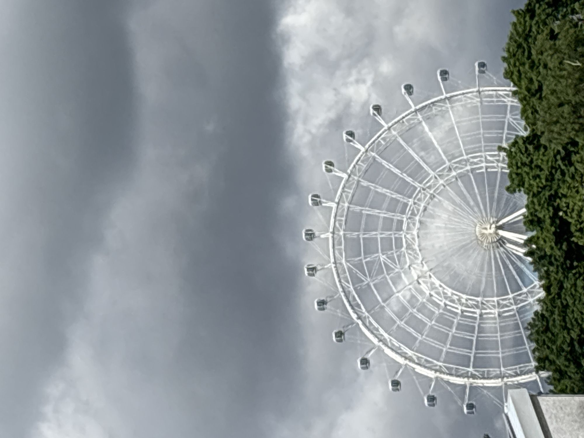 A Ferris wheel dominates the right side of the frame, partially obscured by trees in the foreground, set against a gray, overcast sky. The sky's cloudy texture suggests an impending storm. The Ferris wheel is white and appears to be a modern design. The lower part of the wheel is also obscured by a large grey, stone structure. The location is not identifiable as Moscow, Russia from the information available in the image.