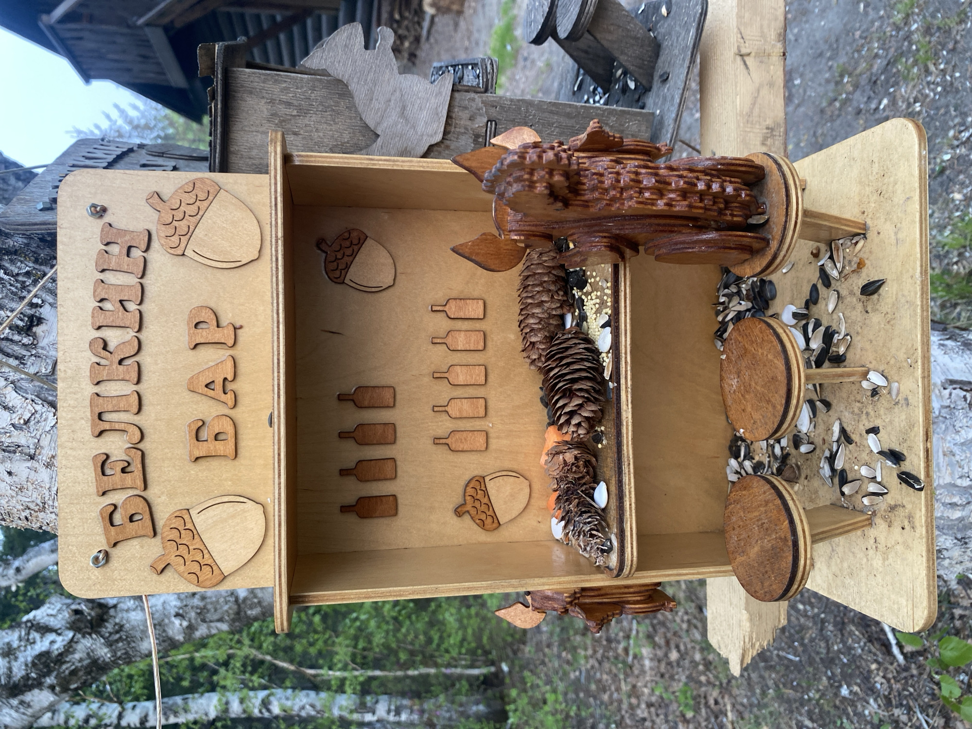 Here is a detailed description of the image:
**Scene:** The image depicts a wooden squirrel feeder, likely handmade, outdoors.
**Objects:**
* **Squirrel Feeder:** It has a box-like structure with compartments. One compartment is filled with sunflower seeds and what appear to be pine cones. The front of the feeder has cut-out wooden shapes of acorns and the Russian word "Белkин БАР" which translates to "Squirrel Bar". There are small wooden bottles arranged in rows on the inside of the feeder.
* **Wooden Squirrel Figures:** Two decorative wooden squirrel figures are attached to the top of the feeder.
* **Surrounding Environment:** The feeder is placed outdoors. Birch trees are visible in the background.
* **Additional Details:** Parts of a wooden structure are seen in the background, including a small wooden squirrel cutout and what looks like wooden barrels.
**Environment:** The lighting suggests it is daytime. The setting is natural, possibly a backyard or a park-like environment.
**Location:** The city is Unknown, Unknown.