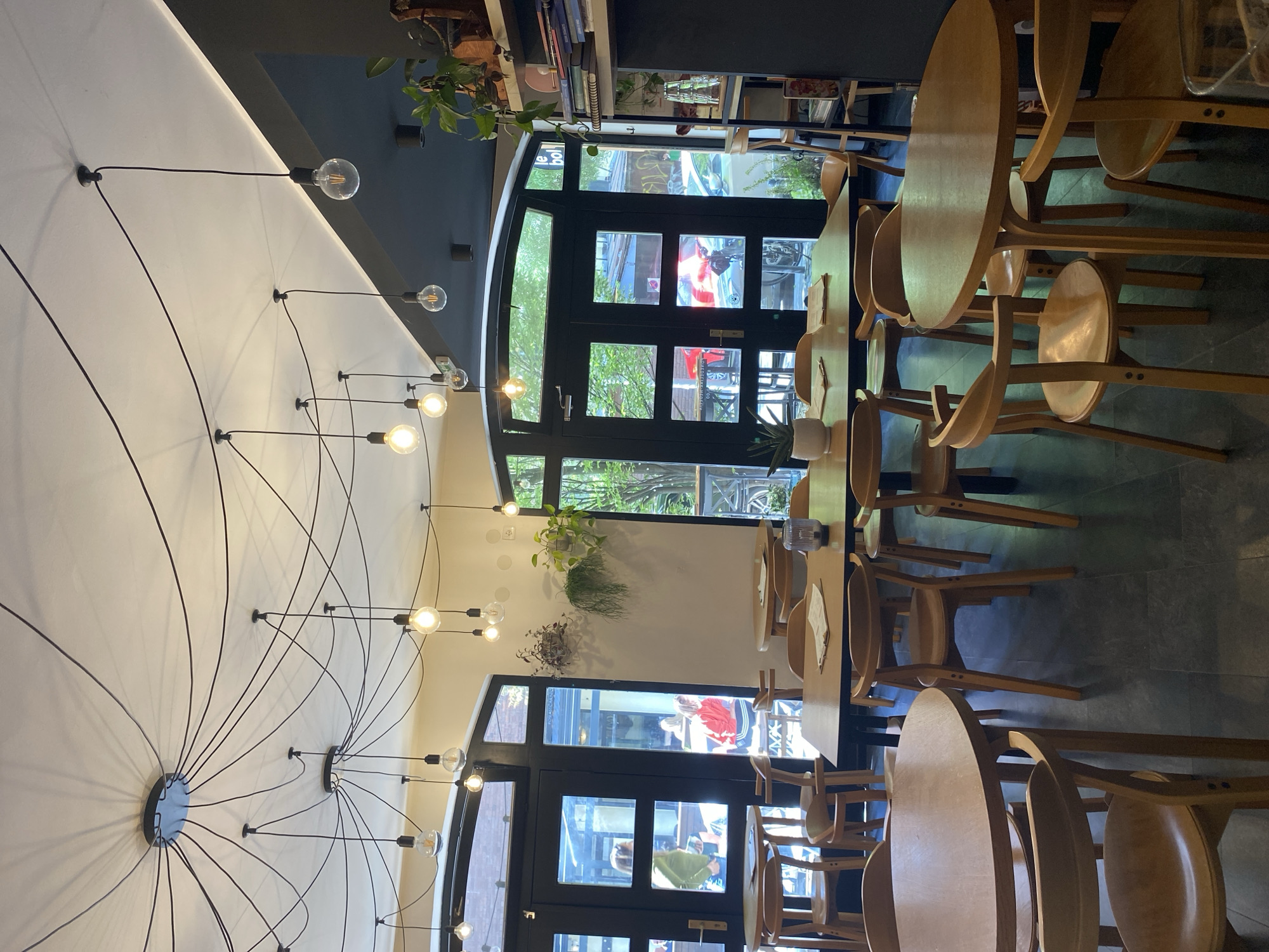 This media file captures the interior of a modern cafe or restaurant, filled with natural light during the daytime. The perspective is tilted, showing the space as if viewed from above and to the side.
The main subjects are numerous wooden tables and chairs, arranged for dining or socializing. The tables are predominantly round or oval with light wooden tops, complemented by matching wooden chairs. The flooring appears to be a dark, possibly concrete or tiled, surface.
A striking feature is the unique ceiling lighting system. Many exposed light bulbs on black wires radiate from several central mounting points on the white ceiling, creating an intricate, web-like pattern and casting soft shadows. Some additional spotlights are visible on a dark overhead beam.
Large, dark-framed glass doors and windows line one side of the establishment, offering views to the outside. Through these windows, lush green foliage from trees is visible, suggesting a vibrant outdoor environment, likely during spring or summer.
Several people are faintly visible through the glass. One individual wearing a red top appears to be sitting outside, possibly at an outdoor seating area. Another person in a green top can be glimpsed inside through a glass panel.
Notable details include potted plants hanging on the wall and placed on shelves, adding to the cafe's ambiance. Bookshelves are also visible in the background, suggesting a cozy and intellectual atmosphere. Reflections on the glass show snippets of the street scene outside.
Visible text includes partial words like "e b o" (likely part of "coffee" or "cafe" in reverse) and "GO," "ORDER NOW" on a sticker or reflection on the glass doors. Faint, graffiti-like writing can be seen on a distant wall through the window. The overall setting is clean, minimalist, and inviting, suggesting a popular spot in Novi Sad, Serbia.