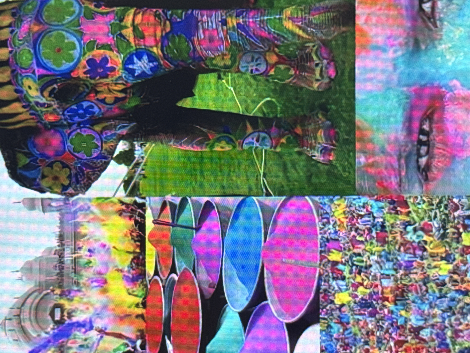 The image is a digitally composited image containing four distinct scenes. The top left scene depicts a festival with a large crowd gathered in front of elaborate architecture, with colorful powders being thrown into the air. The top right scene shows the lower body of an elephant adorned with vibrant, multicolored floral patterns, standing on a grassy field. The bottom left scene displays a large crowd of people in a densely packed gathering, many appearing to be wearing colorful clothing. The bottom right scene is a close-up of a person's eyes, with colorful powders or paint smeared across their face, creating a vibrant and abstract effect. The overall image appears to be a collage of festival scenes and imagery, possibly related to the Holi festival.