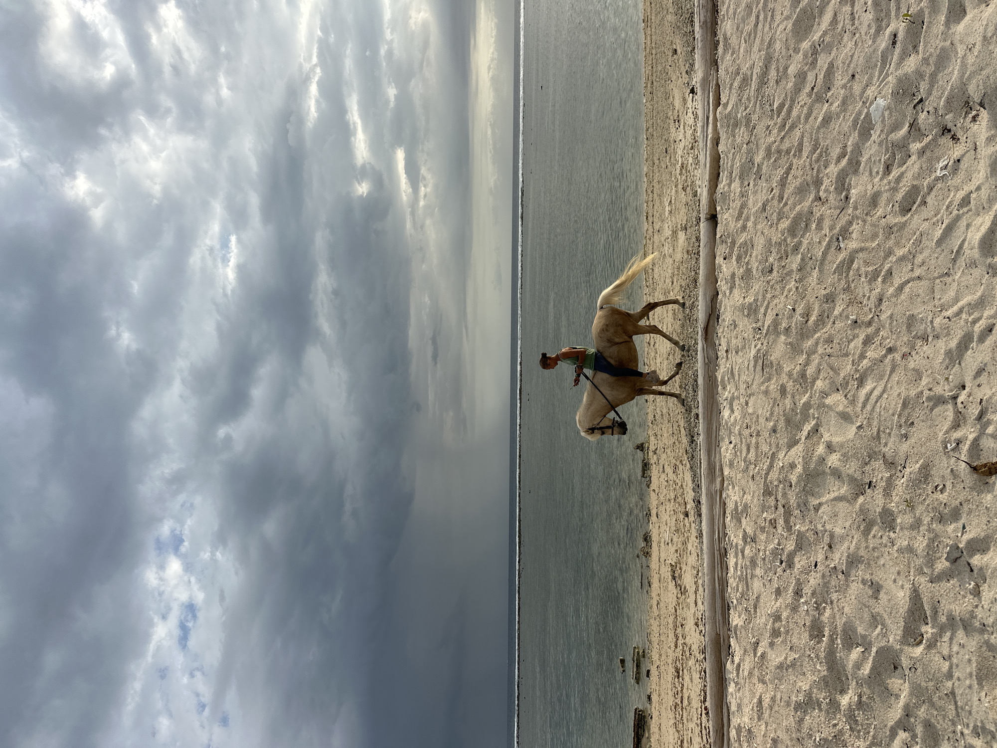 A horse is ridden on a beach in Unknown, Indonesia, under a cloudy sky. The horse is light-colored, and the rider wears a green shirt and blue jeans. The beach is sandy, and a wooden log sits between the sand and the water. The water is grey and the horizon is visible in the distance. The sky is filled with dark, stormy clouds.