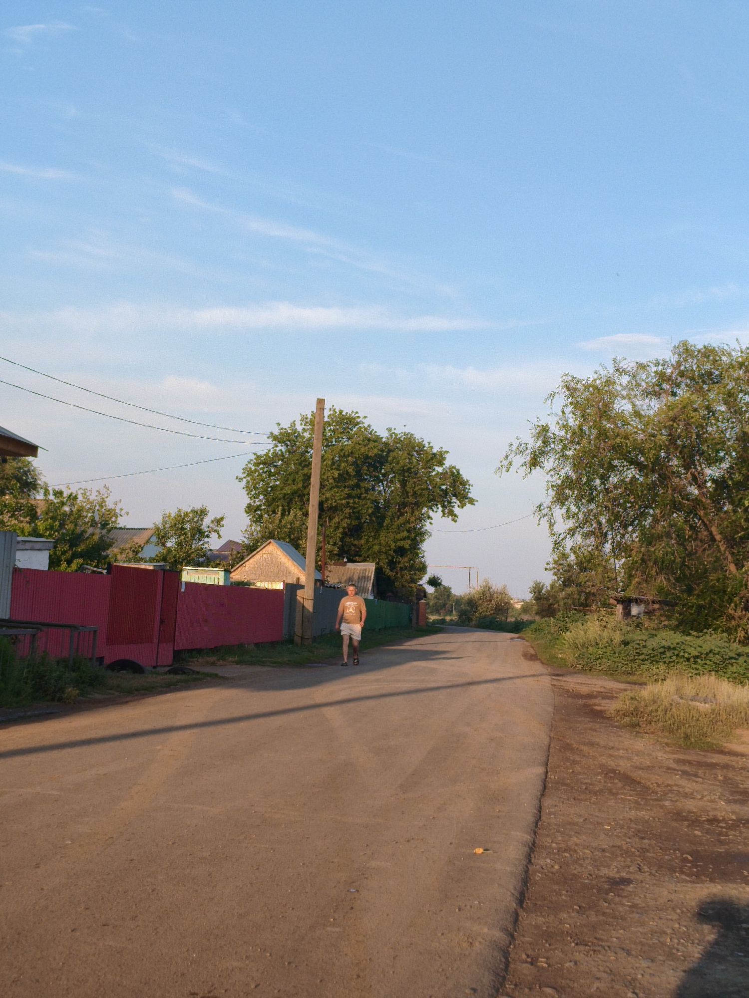 A person walks on a dirt road in a rural area. The person is wearing a light-colored t-shirt and shorts, and is walking away from the camera. The road is lined with houses and fences on both sides. Trees and vegetation are visible in the background. The sky is blue with some clouds. The scene appears to be in the village of Aksuat, Aksuat rural district, Kazakhstan, during daylight.