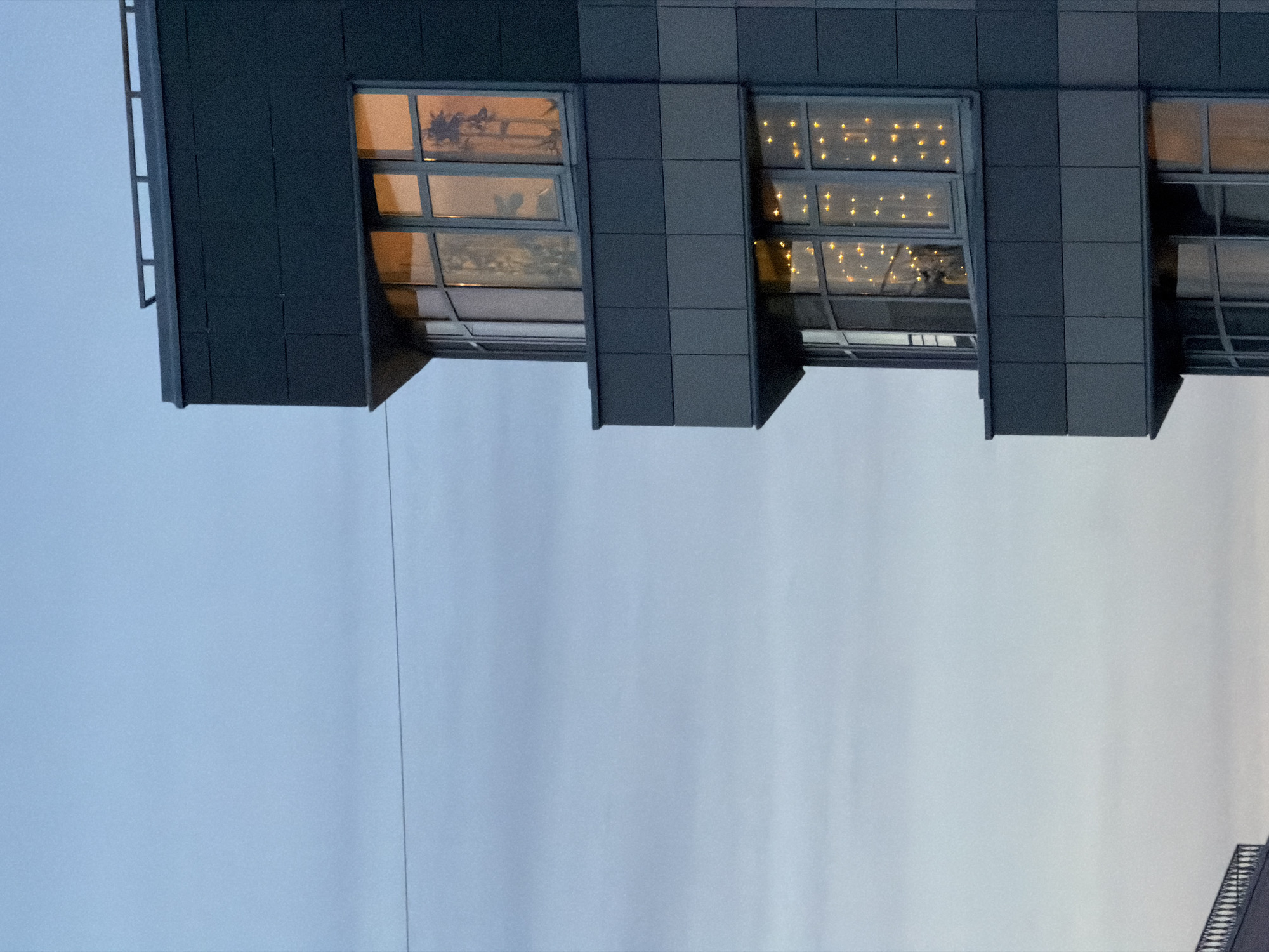A modern building with dark grey and blue exterior paneling occupies the right side of the frame, set against a pale blue-grey sky with faint cloud formations. The building features multiple floors with curved bay windows and rectangular balconies. The top visible window reveals warm interior light reflecting two potted plants. The window directly below it is illuminated by numerous small, warm-toned string lights. A third visible window at the bottom of the building also emits a warm interior glow. A thin, dark cable or wire stretches horizontally across the sky in the upper-middle portion of the image. A small section of a decorative metal railing from another structure is partially visible in the bottom-left corner. No people are visible. The scene is situated in the city of Saint Petersburg, Russia, likely during the twilight hours.