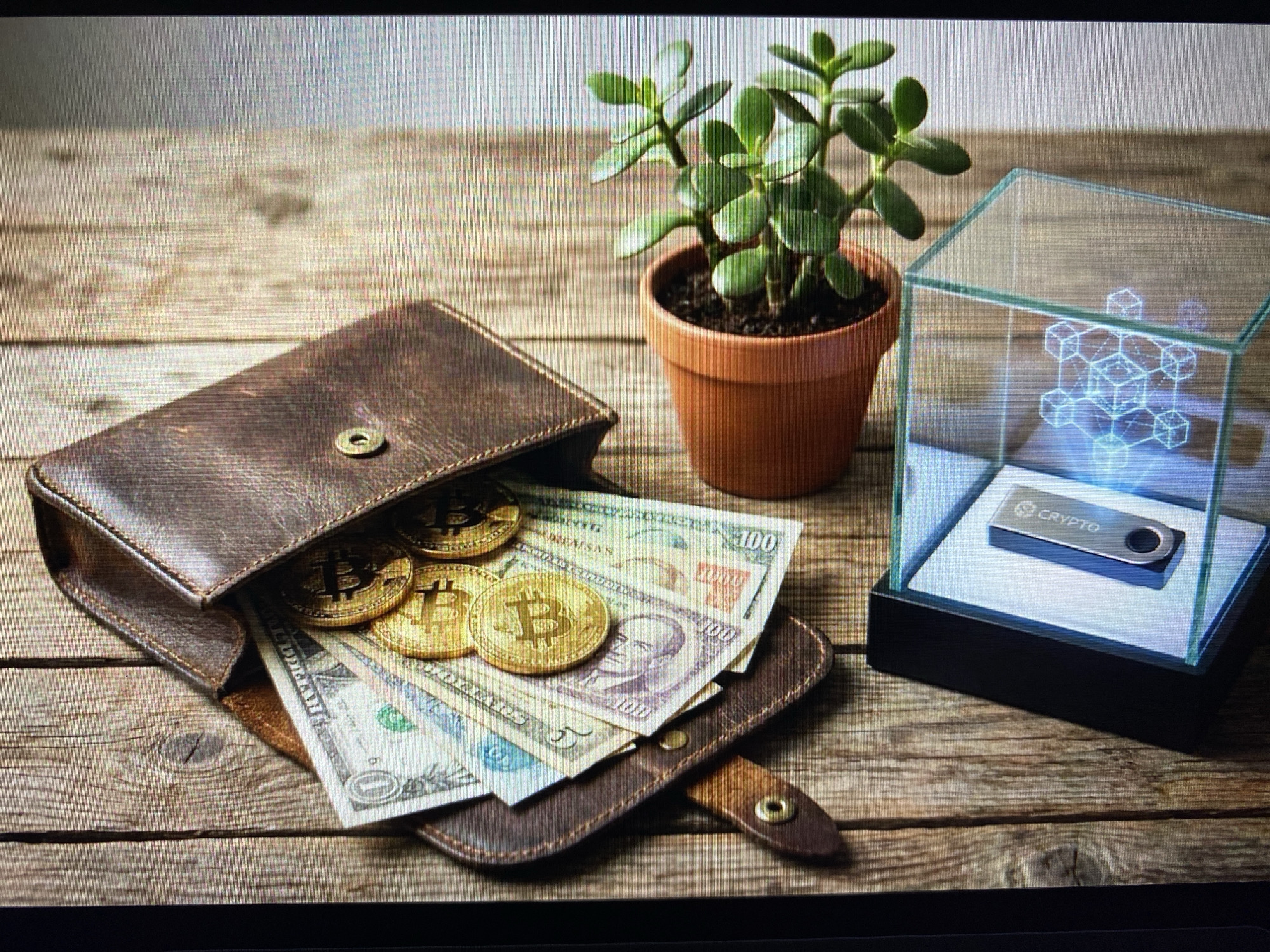 An overhead shot captures a rustic wooden table featuring a brown leather wallet spilling out with several Bitcoin cryptocurrency coins and various paper banknotes. To the right, a small jade plant in an orange pot stands beside a glass display case. Inside the case, a silver cryptocurrency hardware wallet, labeled "CRYPTO," is positioned on a white platform, illuminated by a blue holographic network diagram. The background shows a blurred, light-colored surface. There are no people or animals present in the scene, and no indication of the city of Kuta Selatan, Indonesia.