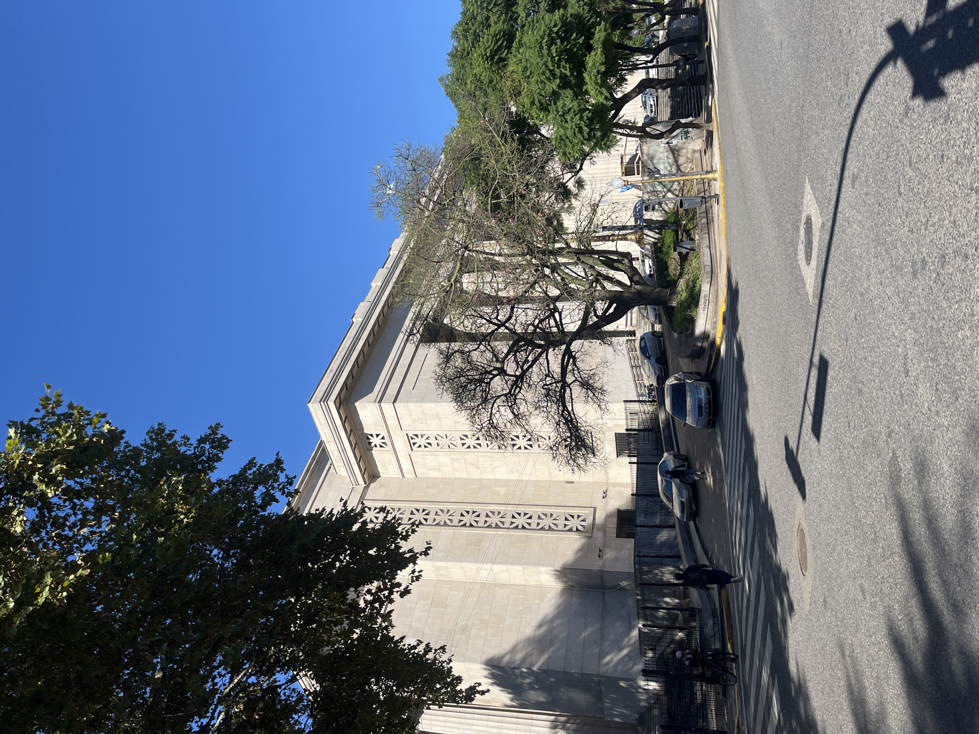 A bright, sunny day in Buenos Aires, Argentina, is depicted in this urban street scene. The prominent subject is a large, stately building with a light-colored facade, constructed from what appears to be stone or concrete. Its architecture features classical elements, including cornices and a distinctive horizontal band adorned with repeating geometric, star-like patterns.
The wide asphalt street includes a clear zebra crosswalk and a yellow painted curb line. Several trees line the sidewalks, with a large deciduous tree in the mid-ground showing mostly bare branches, possibly with very sparse, faint pink blooms, common for a Jacaranda. Other trees are lush with green foliage, casting long, sharp shadows across the street and building, indicating the sun is low in the sky, likely morning or late afternoon.
Along the curb, several cars are parked, including silver and white sedans. Two individuals are visible: one person is walking across the crosswalk, dressed in dark clothing, and another stands near a parked white car on the sidewalk. A bicycle can be seen further down the sidewalk. A manhole cover is present in the street.
The sky is a clear and vibrant blue, without clouds. Faint, unreadable white text, possibly a regulatory marking, is painted on the asphalt or curb near the crosswalk. The scene captures a typical, calm urban environment.