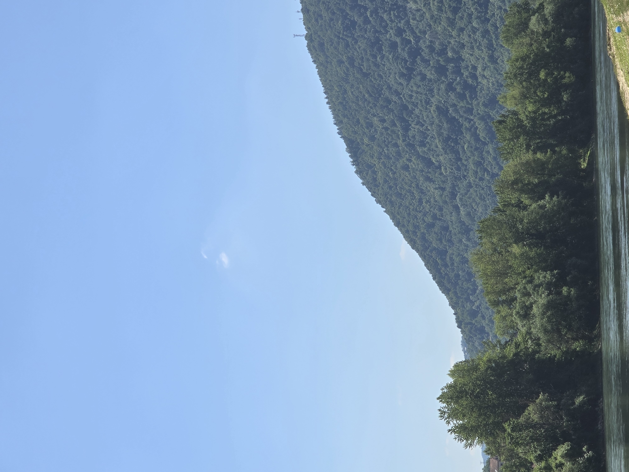 A wide, calm river flows in the foreground of an image set in the city of Zvornik, Bosnia and Herzegovina. On the far bank of the river, a dense, green forest covers a steep mountain slope that dominates the middle and background. The mountain is lush with trees and appears to ascend towards a clear, light blue sky. A few distant communication towers are visible on the summit of the mountain. On the left side of the image, closer to the foreground, a line of trees with varying heights and densities runs along the riverbank, partially obscuring a few buildings and a distant structure that appears to be a house with a red roof. The sky is mostly clear, with a small, wispy cloud visible in the upper left quadrant. The overall scene depicts a natural landscape with a river and forested mountain, with hints of human settlement on the outskirts.