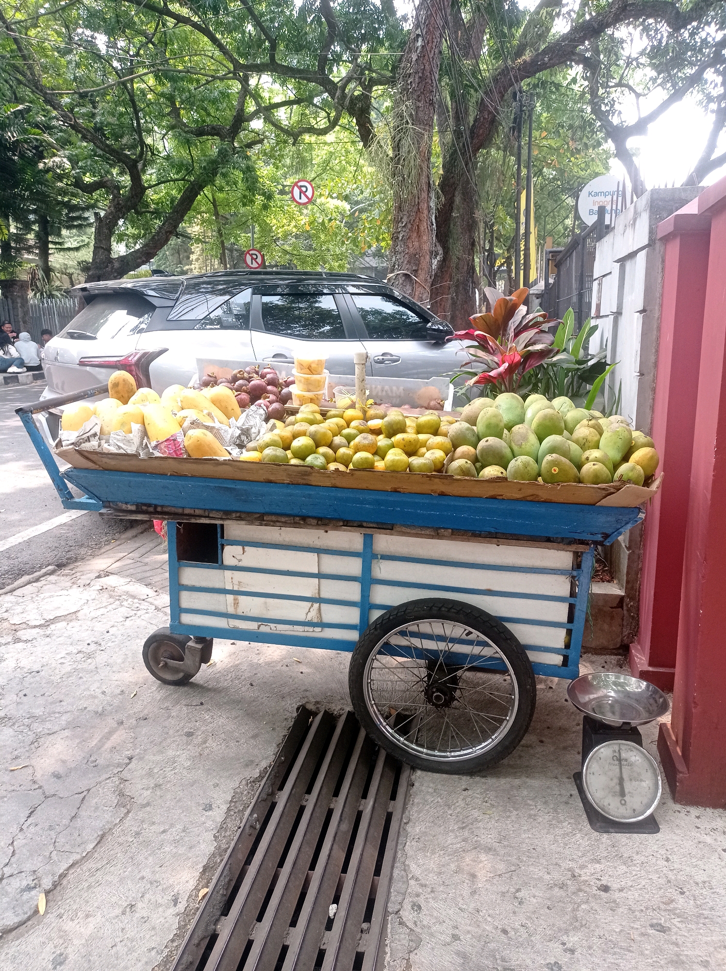 In the city of Bandung, Indonesia, a fruit cart laden with a colorful assortment of fresh produce is parked on a concrete sidewalk next to a street. The cart, painted blue and white, features a wooden tray overflowing with mangoes, oranges, and what appear to be mangosteens, some wrapped in paper. A large silver-colored vehicle is visible in the background, along with lush green trees and foliage that provide a shady canopy. A red wall and a fence enclose a property to the right of the cart. A vintage scale sits on the sidewalk near the cart, suggesting the fruit is sold by weight. A drain grate is also visible on the sidewalk. The scene appears to be a typical street-side market in a bustling urban environment.
