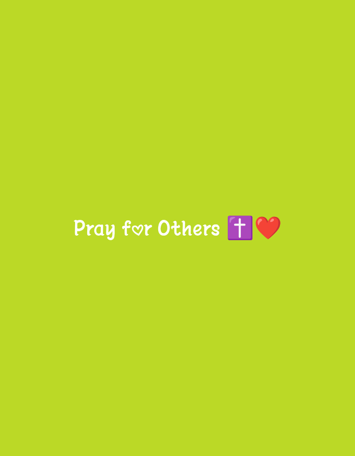 The image contains the phrase "Pray for Others" written in white text with a heart icon replacing the letter 'o' in 'for'. To the right of the text, there is a purple cross icon and a red heart icon. The background is a solid, bright lime green color. There are no people, specific objects, or environmental details that would indicate a location in Kuta Selatan, Indonesia.