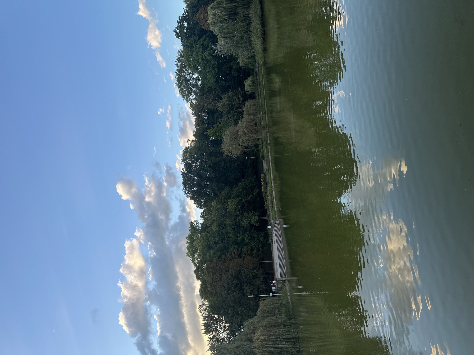 A serene natural landscape scene is captured, dominated by a body of water reflecting the sky and surrounding trees. The water is a murky green, with gentle ripples disturbing its surface. On the far bank, a dense line of trees forms a lush backdrop, featuring a variety of foliage in different shades of green and some darker, richer hues. Among the trees, a weeping willow with its characteristic long, drooping branches is prominently visible on the left.
In the mid-ground, a paved area with tiered seating, resembling an amphitheater or stage, is situated along the water's edge. A few small figures, appearing to be people, are present on this paved area, some walking. A lamppost is also visible, suggesting a park or public space. The sky above is a clear blue, dotted with scattered white and grey clouds, some of which are tinged with the golden light of what appears to be late afternoon or early evening. The overall atmosphere is peaceful and naturalistic, evoking a sense of calm. The presence of well-maintained walkways and seating areas indicates this is likely a cultivated park. While the image is not geotagged, the description of "city of Racibórz, Poland" suggests a possible location, though no specific landmarks within Racibórz are identifiable from the visual information alone.