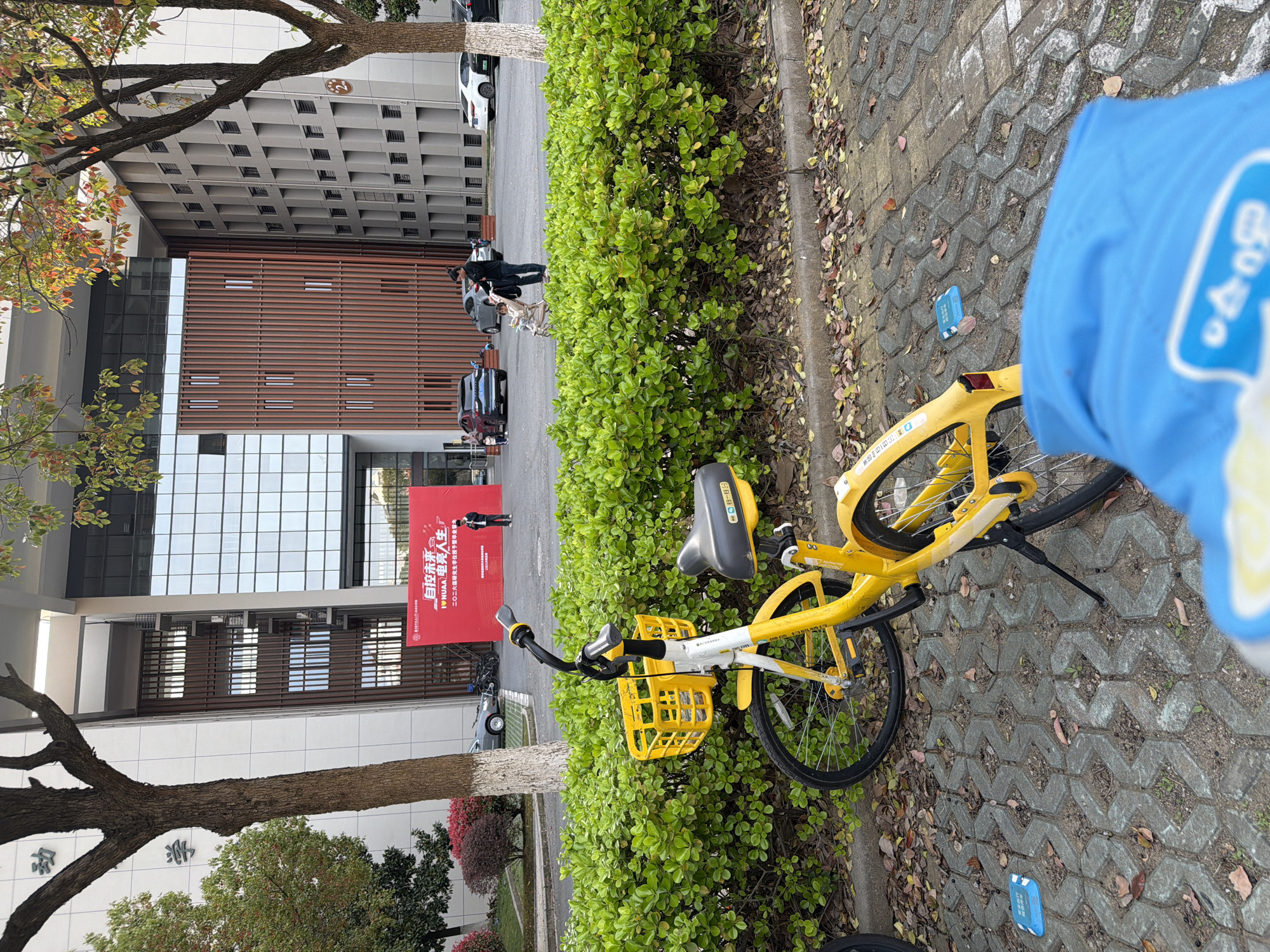 A yellow bicycle with a basket is parked beside a green hedge in what appears to be the Jiangning District of China, as indicated by the Chinese text and architectural style. A large building with a red banner stands in the background. The ground is paved with interlocking concrete blocks. In the distance, people are walking near a car and a tree. The image also contains a partial view of a person wearing a blue garment.