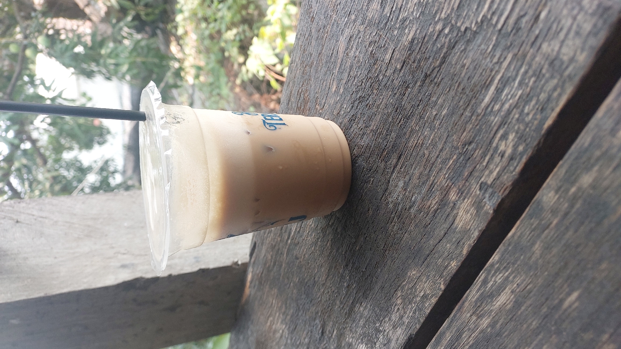 A plastic cup filled with iced coffee sits on a weathered wooden table. The cup has a clear plastic lid and a black straw. The coffee is light brown and appears to have milk and ice. The cup has blue text that is partially visible, reading "TER..." The background is blurred, showing green foliage and trees, suggesting an outdoor setting. To the left of the cup is a textured, light-colored vertical surface, possibly a wall or pillar. The overall impression is a casual moment, perhaps a break outdoors, possibly in a cafe or garden area within Malang, Indonesia.