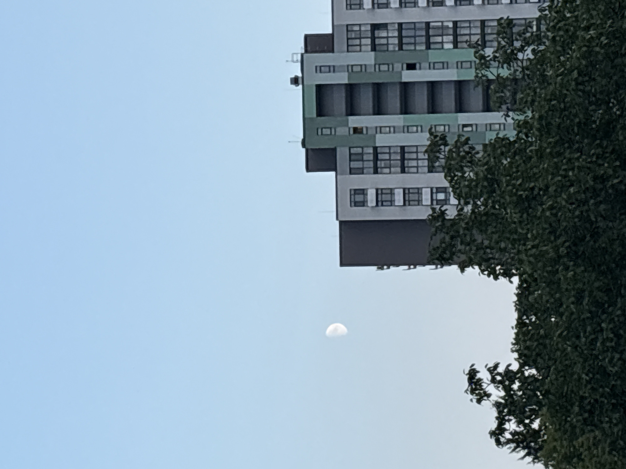 A half-moon is visible in a clear blue sky above a multi-story building and trees. The building is tall and appears to be an apartment complex, with a modern design featuring a mix of gray, white, and green facades. Windows are visible across the building's surface. In the foreground, lush green trees with dense foliage partially obscure the lower portion of the building. The scene captures a typical urban landscape with natural elements. This image is from Kyiv, Ukraine.