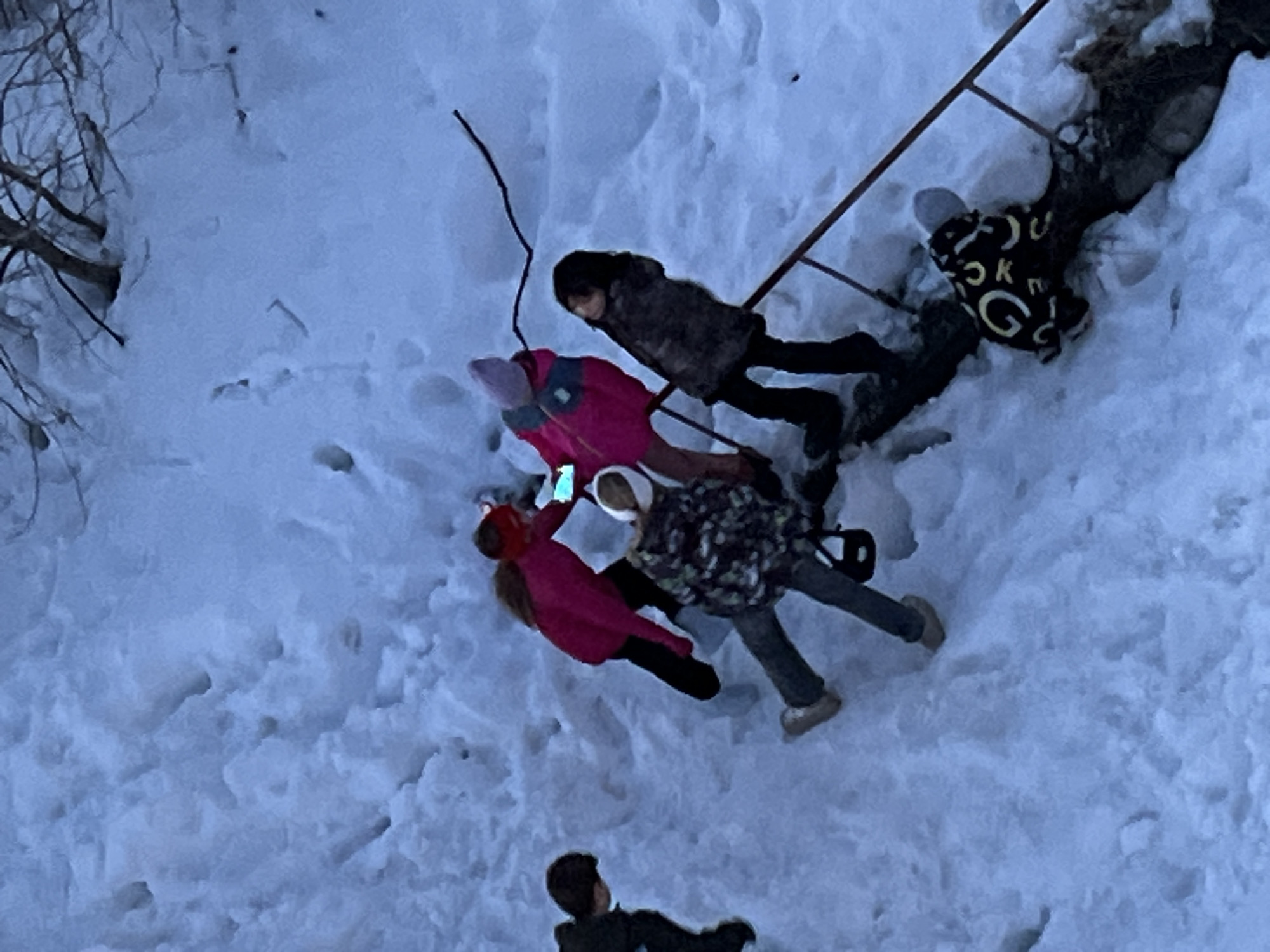 The image depicts an outdoor, snow-covered scene in Noviy, Russia, characterized by blue-tinted ambient light, suggesting dusk or dawn conditions. Six individuals, appearing to be children or young adults, are present on a snow-covered slope.
From left to right:
1. One person in dark attire stands to the far left.
2. A second person wears a bright pink or red jacket, dark pants, and a red hat, holding a device emitting a blue light.
3. A third person stands in a dark camouflage-patterned jacket, grey pants, and a white hat.
4. A fourth person, positioned slightly higher, wears a pink jacket and a light purple hat, also holding a device emitting blue light.
5. A fifth person in a dark patterned jacket and dark pants stands near a dark metal railing structure, which runs diagonally downwards across the lower right portion of the image.
6. A sixth person is lying face down on the snow in the bottom right, next to the railing, wearing a black jacket with yellow "G" and "K" lettering and a light grey hat.
The ground is entirely covered in uneven snow, displaying footprints. Bare tree branches are visible in the upper background, protruding from the snow. The metal railing consists of horizontal bars supported by vertical posts, partially obscured by snow.