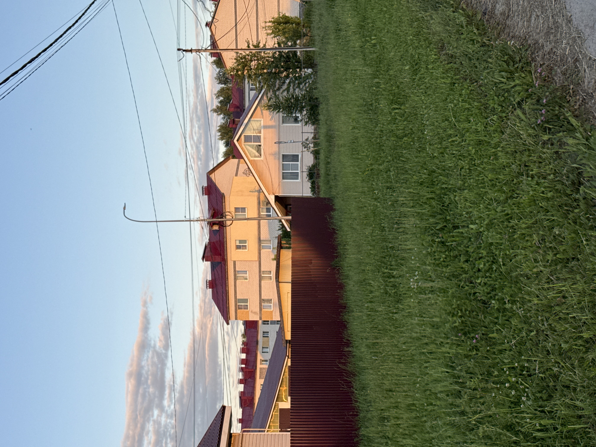 The image captures a suburban scene in the city of Krasnye Baki, Russia, during what appears to be late afternoon or early evening, as indicated by the warm, golden light illuminating the houses and the soft hues in the sky. In the foreground, a dense area of tall green grass, interspersed with small wildflowers, extends across the frame. A dark red corrugated metal fence runs horizontally across the middle ground, separating the grassy area from the houses behind it.
Several houses are visible, characterized by their red tiled roofs and light-colored facades, likely brick or stucco. One house in the right-middle ground has a light beige siding and a prominent gable with a large triangular window. Two other multi-story houses with red roofs and cream-colored exteriors are visible further back, suggesting a residential neighborhood. Trees, some of which are evergreen, are scattered around the houses, and a utility pole with multiple wires is present on the right side of the image, along with a street lamp in the upper middle. The sky is a clear, pale blue with a few wispy clouds tinged with pink and orange from the setting sun. The overall impression is one of a quiet, residential area bathed in the gentle light of dusk.