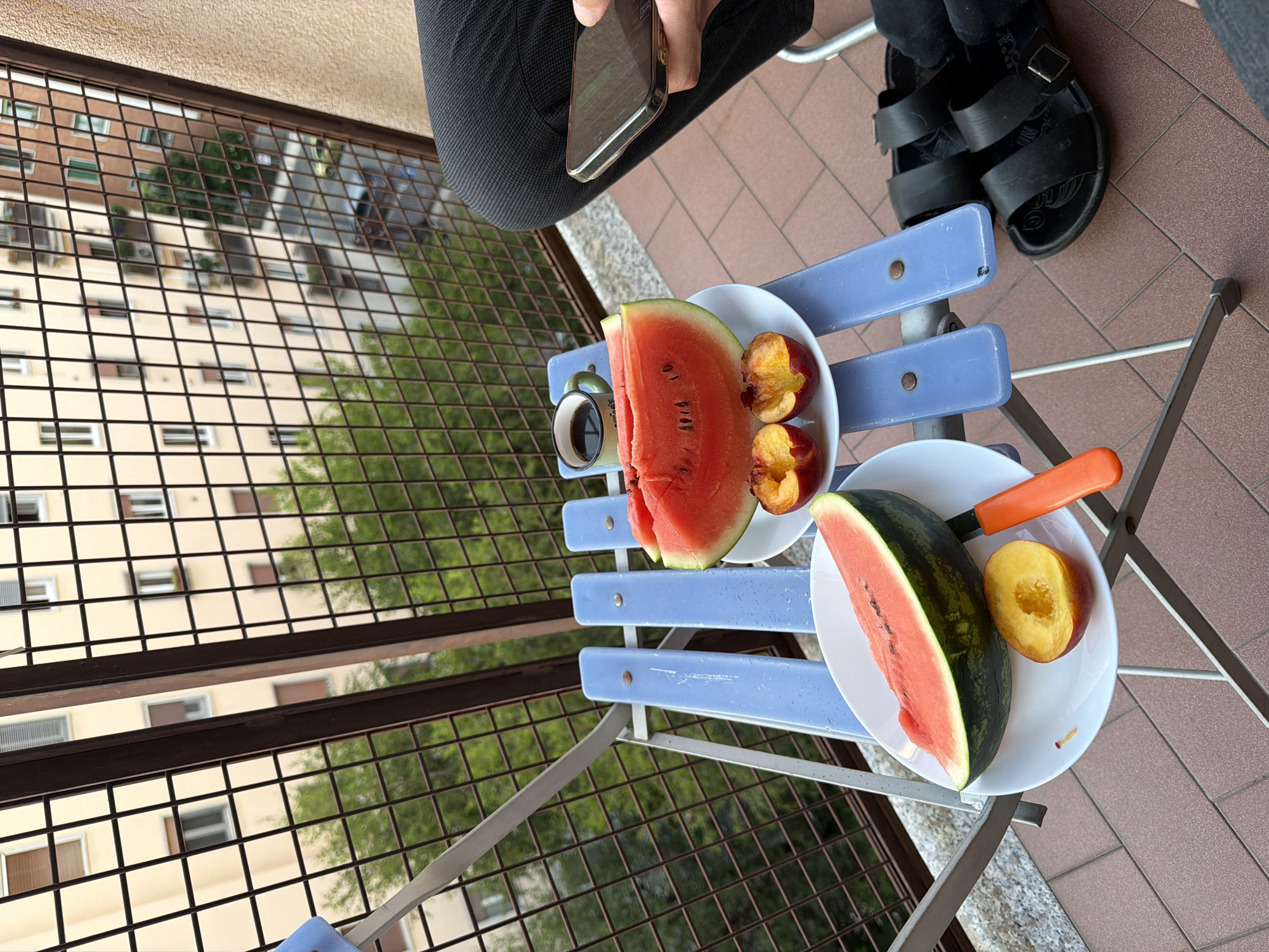 A still life scene unfolds on a balcony in Milan, Italy, featuring a picnic setup on a blue slatted table. Two plates of fruit, watermelon slices and halved peaches, are arranged with a cup of black coffee and an orange-handled knife. In the foreground, a person's legs are visible, clad in black pants and black sandals, holding a smartphone. The background shows a dense urban landscape with buildings and trees. The lighting suggests it is daytime, possibly late morning or afternoon.