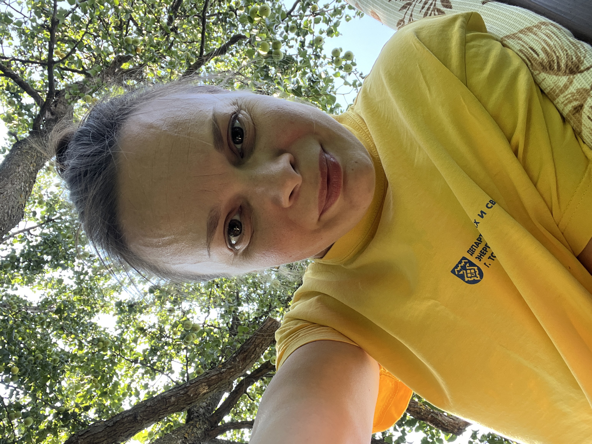 A low-angle, eye-level medium shot captures a woman wearing a yellow t-shirt with a blue logo and text. She is outdoors, as evidenced by the tree branches and green leaves overhead, with a clear blue sky visible in the background. Her dark hair is pulled up into a bun. The t-shirt has a printed logo that appears to be a shield with a silhouette of a building inside, surrounded by geometric shapes and text in Cyrillic. The text includes "ДЕПАРТ" and "Г. ТО". The woman's expression is neutral with a slight smile. The overall setting suggests a casual outdoor environment, possibly a park or a backyard with fruit-bearing trees, given the small green fruits visible on the branches. The location is identified as Khryashchevka, Russia.