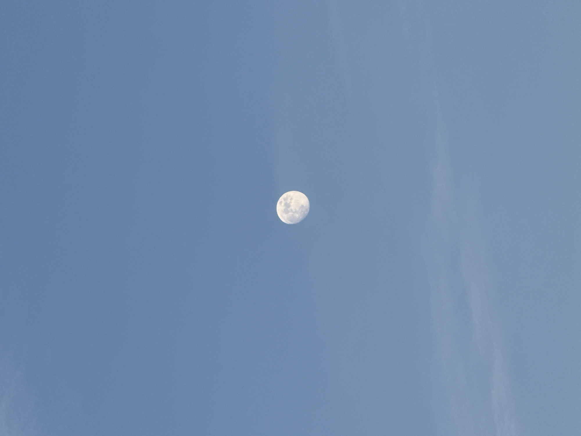 A solitary, nearly full moon is centrally positioned in a clear, light blue sky. Faint, wispy clouds are subtly visible in the lower right and left portions of the frame. The image does not contain any recognizable information about a location, including Saint Petersburg, Russia.