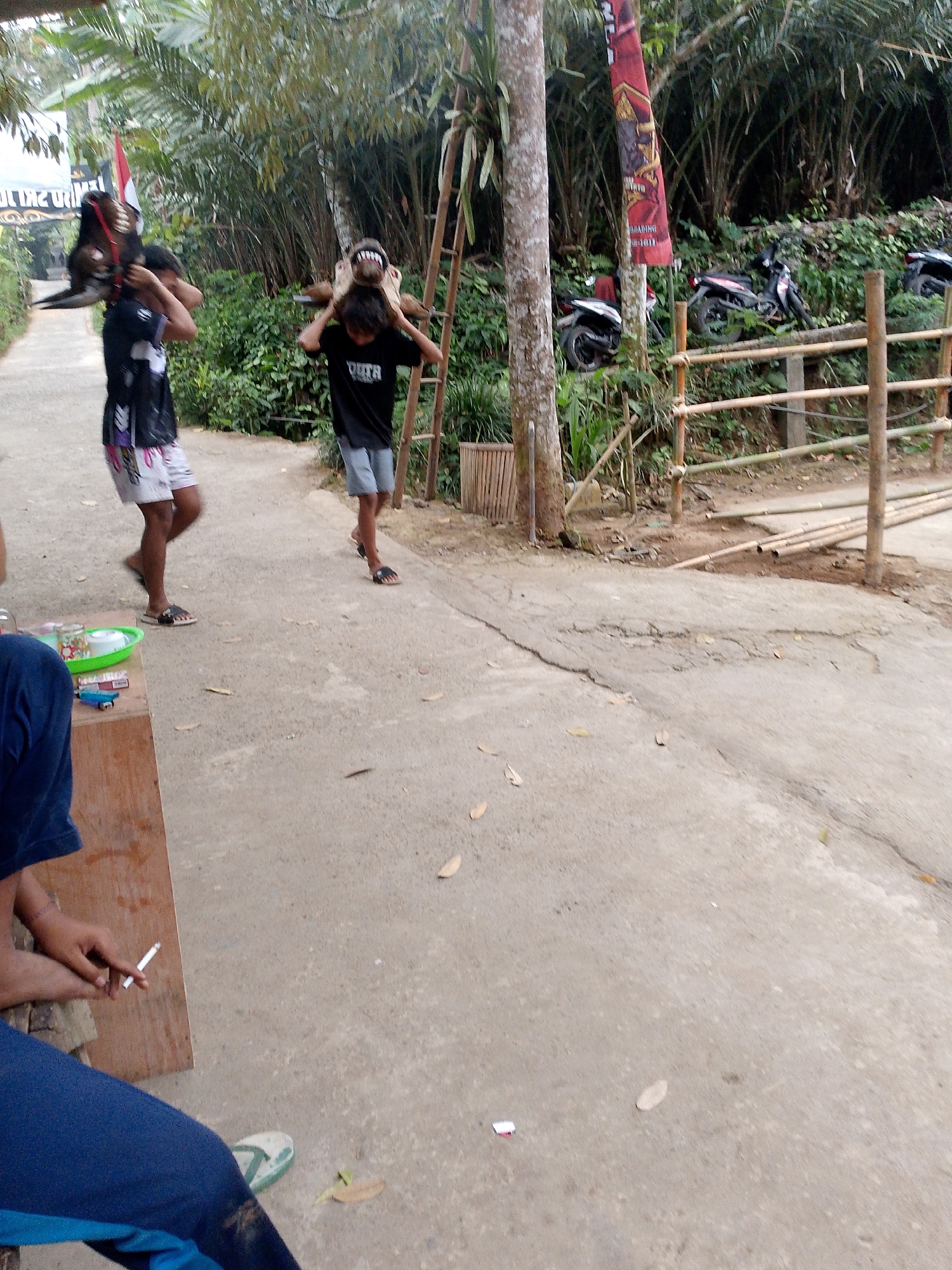 In Sidorenggo, Indonesia, two individuals are captured in motion outdoors. The person on the left, wearing a black t-shirt with white graphics and white shorts with colorful patterns, carries a dark, animal-like object with a red and white flag on their shoulders. They are walking on a paved path. To their right, a second person, dressed in a black t-shirt and light-colored shorts, also has a similar dark object on their shoulders, possibly a costume head. They are walking towards the right side of the frame. The environment features lush green vegetation and trees, with a bamboo fence and a ladder visible in the background. Several motorcycles are parked behind the fence. The ground is a light-colored, cracked concrete surface. In the foreground, a person in a blue shirt and pants is seated, holding a lit cigarette. A wooden table is in front of them, with a green bowl and some items on it.