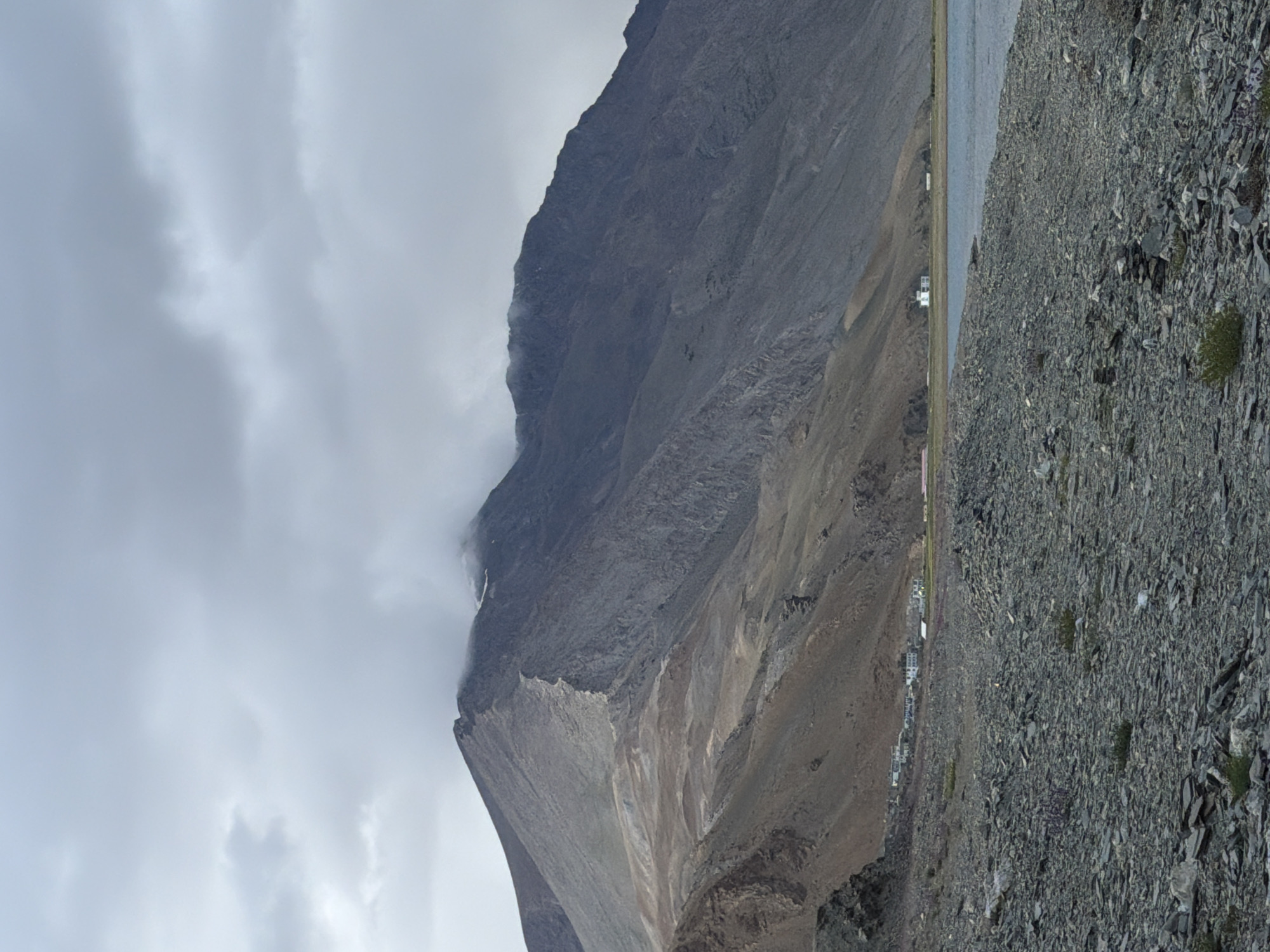 This is a vertical, medium shot photograph of a desolate mountain landscape under a cloudy sky. In the foreground, a rocky, pebble-strewn shore stretches out, meeting a body of water on the right. The water is a muted blue-gray, reflecting the overcast sky. Beyond the shore, a village with white buildings is visible nestled against the base of a large mountain. The mountain dominates the background, its slopes covered in dry, earth-toned scree and rock. A sharp ridge line cuts across the mountain, and clouds partially obscure the summit. The overall impression is one of stark, natural beauty and isolation, likely in a high-altitude region. The scene appears to be the village of Karzok, India, situated on the shore of Tso Moriri lake.