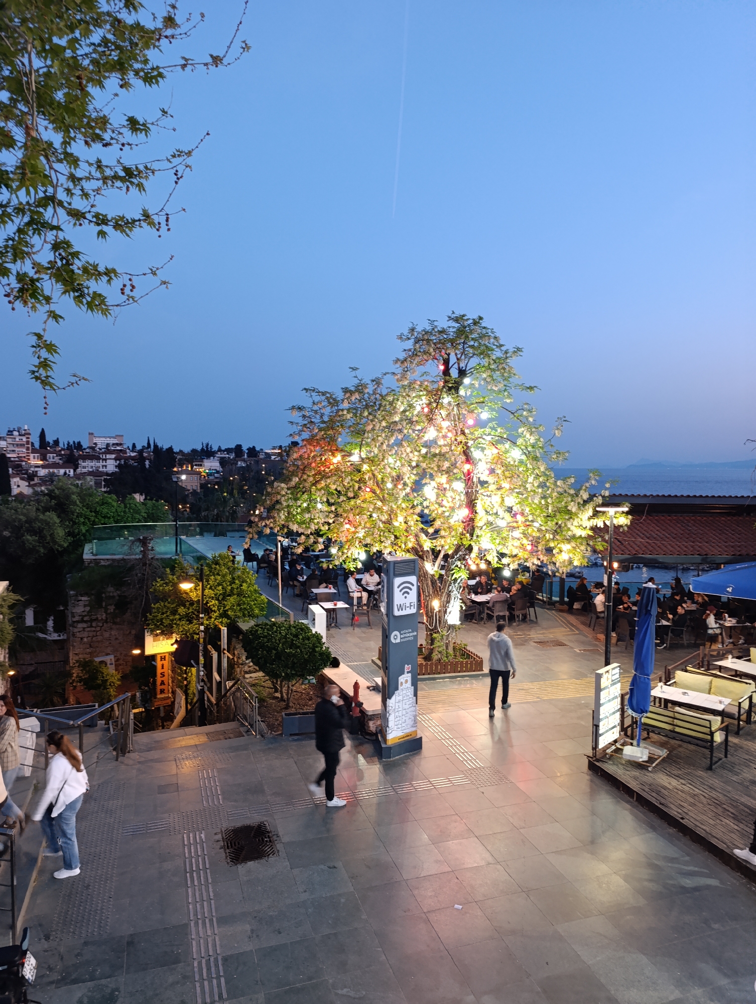 The image captures a nighttime scene in what appears to be the Kaleiçi district of Antalya, Turkey, known for its historical significance and scenic views.
The view is captured from an elevated perspective, likely a balcony or high vantage point. In the foreground, a tiled pedestrian walkway leads down a set of stairs. Several people are present on the walkway, some walking and others standing.
In the middle ground, a tree is centrally featured, covered in decorative lights, providing illumination. Around the tree, there are multiple tables and chairs, indicating an outdoor restaurant or cafe setting. People are seated at the tables, suggesting a relaxed atmosphere of dining and socializing.
Beyond the restaurant area, the Mediterranean Sea is visible, meeting the horizon under a twilight sky. Buildings, partially illuminated, sit atop a cliff edge in the background. The overall ambiance of the scene is tranquil and inviting, highlighted by the combination of natural and artificial lighting. A sign promoting free Wi-Fi is present. Other signs, presumably for the restaurant, are also visible.