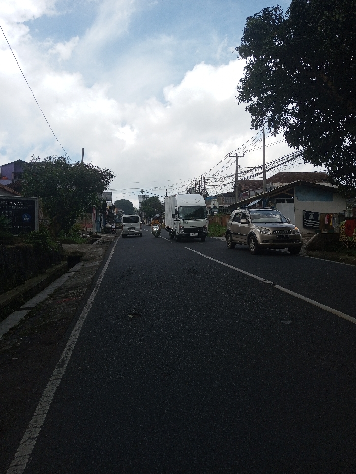 The image presents a view of an asphalt road in the city of Ura-Dozhi, Bhutan, under a cloudy sky. The road features a solid white line on the right shoulder and a broken white line for lane separation; minor surface irregularities are visible. Four vehicles are present: a light-colored SUV is on the right shoulder in the foreground, a white box truck is in the right lane, followed by a person on a motorcycle or scooter, and a white van further in the distance.
On the left side of the road, a concrete drainage ditch runs alongside a low stone wall, behind which dense green foliage partially obscures buildings. A dark blue sign with white lettering, including "NEGERI," is partially visible through the foliage. On the right side, a large tree dominates the foreground, and multiple utility poles with numerous tangled cables line the street. Several residential-style buildings are visible, one featuring clothes hanging on an exterior wall. The lighting is diffused, consistent with an overcast daytime.
