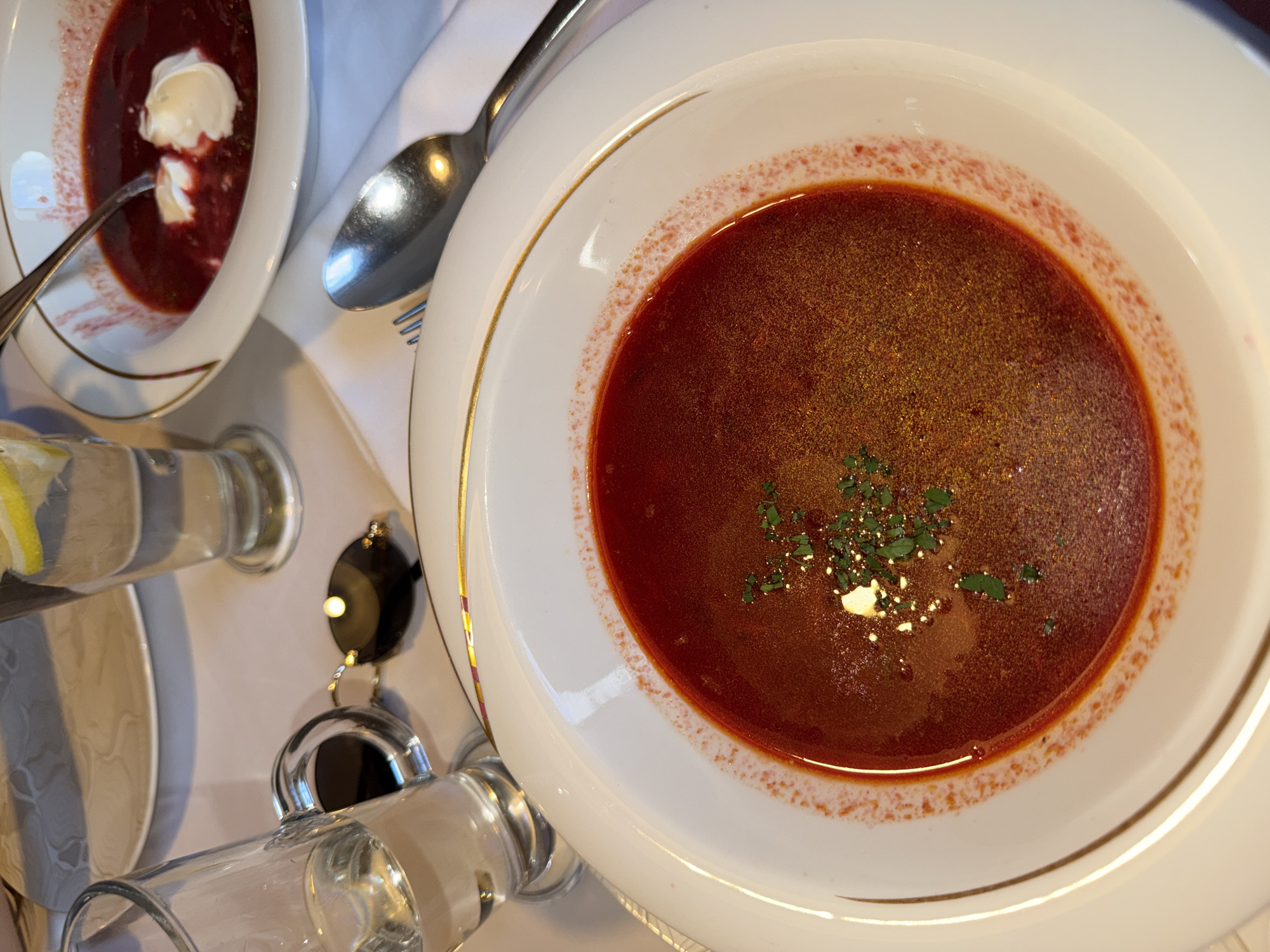 In a close-up shot, a bowl of borscht is presented on a white tablecloth. The soup is a deep red, garnished with finely chopped green herbs and a dollop of white cream. To the right, another bowl of borscht is partially visible, also with cream. In the background, a glass of water with lemon slices sits next to a pair of dark sunglasses and a small container. The scene is set in a dining establishment, likely a restaurant, in Saint Petersburg, Russia, with the ornate trim on the bowls suggesting a refined setting.